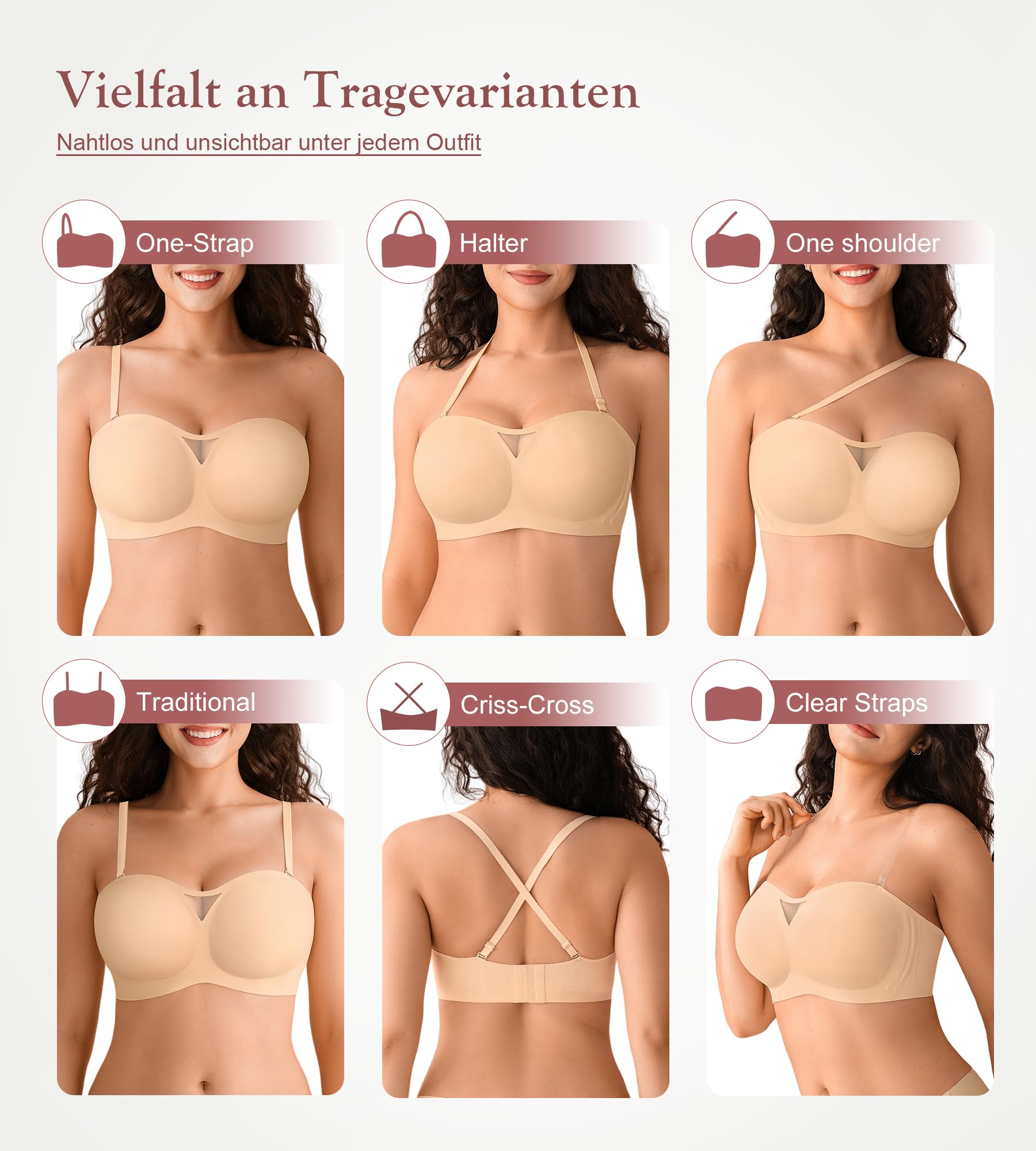 DEANGELMON Trägerloser BH Damen ohne Bügel Bandeau BH ohne Träger Push Up Strapless Bra Nahtloser BHS Gepolsterter Bralette mit Rutschfestes Silikon Seamless Tube Top