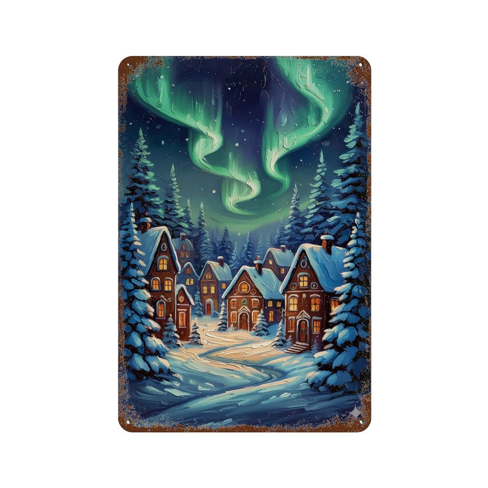 Rust Effect Snowy Village Aurora Night Aged Metal Wall Plaque 11.8"x7.9", Classic Wall Plaque for Basement, Hobby Room And Garage Decor