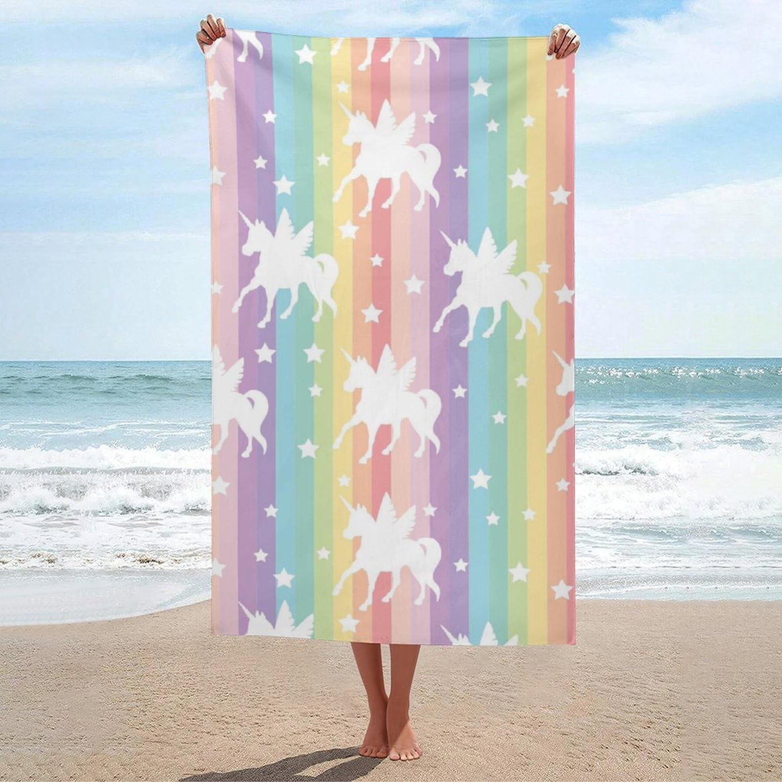 LEDFCVSU Beach Towel, Unicorn Pattern Rainbow Bath Towel, Absorbent Towel for Swimming, Sports, Travel