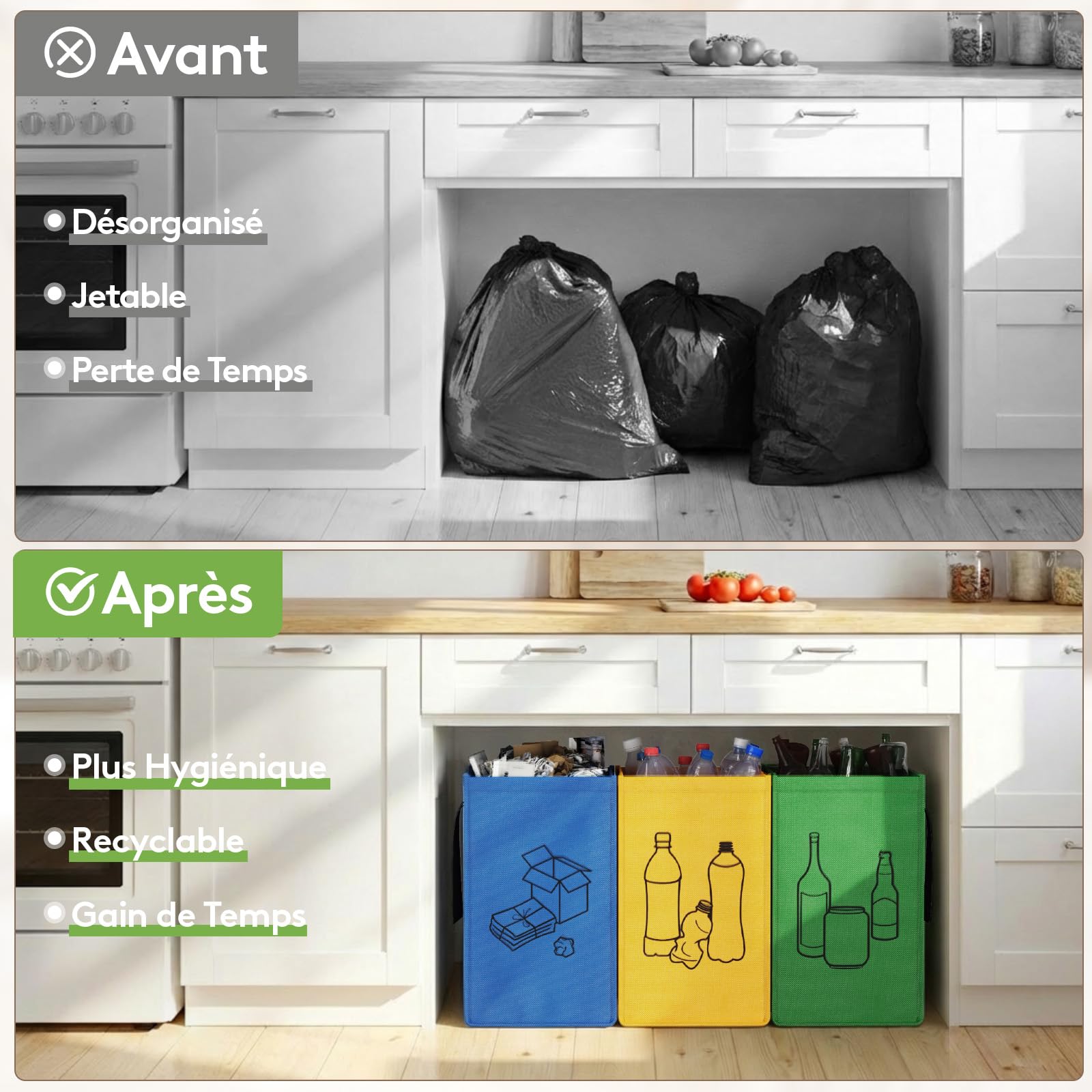Lifewit Lot de 3 Sacs Tri Sélectif, Poubelles Recyclage 3 Couleurs, 45 L