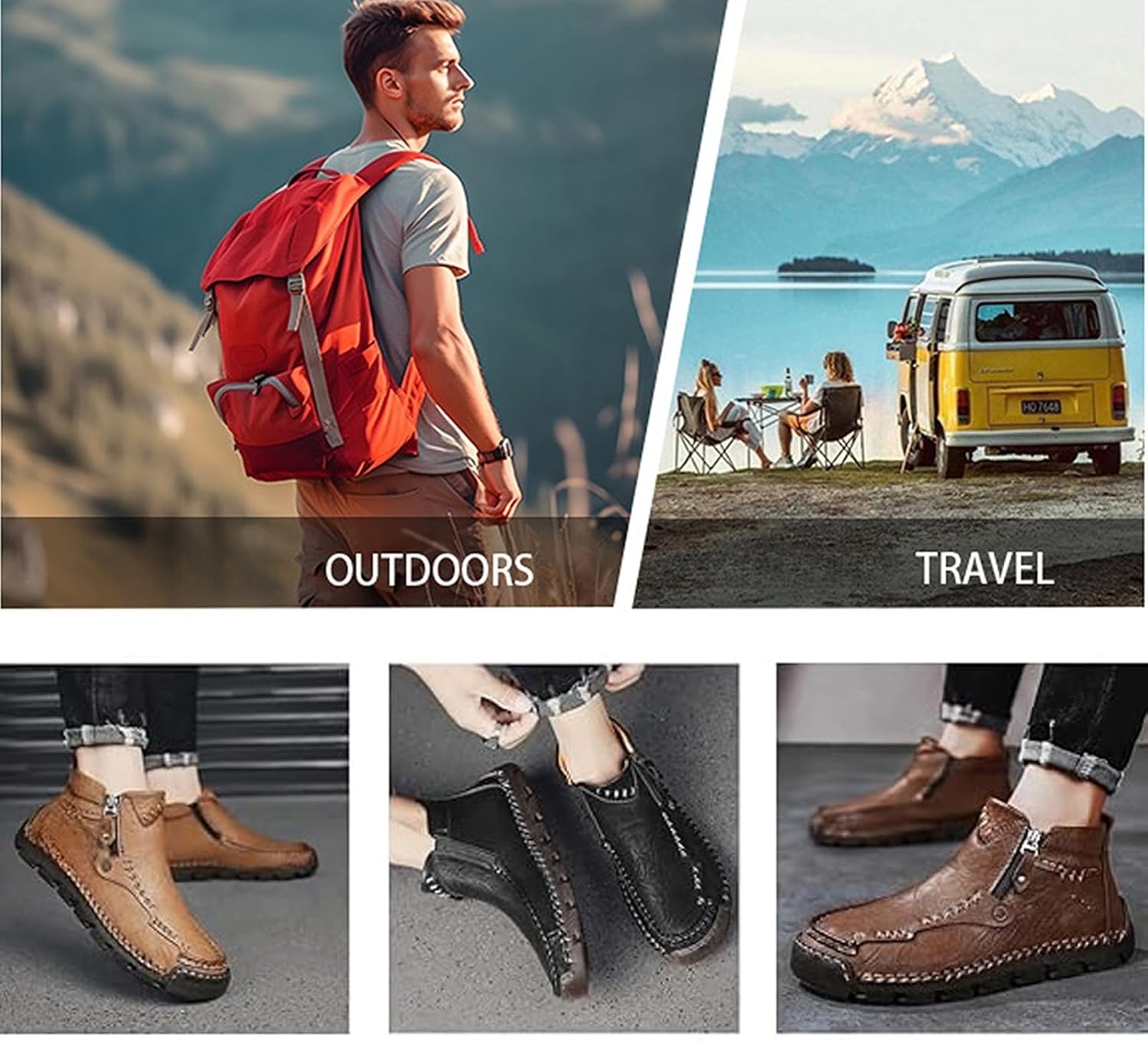 Men's Handmade Genuine Leather Orthopedic Outdoor Loafers, Men's Hand-Stitched Wide Toe Comfortable Waterproof Non-Slip Side Zip Slip-On Flats Boots