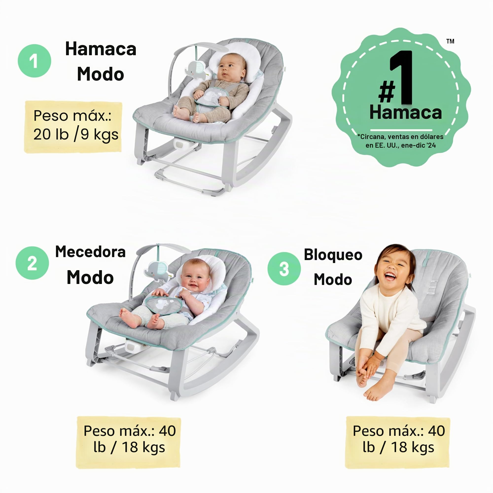 Ingenuity, Hamaca Mecedora para Bebés 3en1 Keep Cozy - Weaver, Vibraciones Relajantes, Arco de Juguetes, Arnés de 5 Puntos, 2 Reclinaciones, Unisex, desde recién nacidos hasta los 18 kg