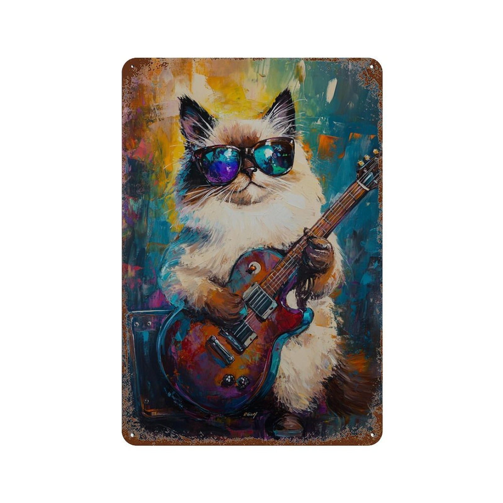 Vintage Metal Tin Sign Rock Star Kitten with Guitar 11.8"x7.9", Classic Wall Plaque for Pub, Kitchen And Man Cave Decor
