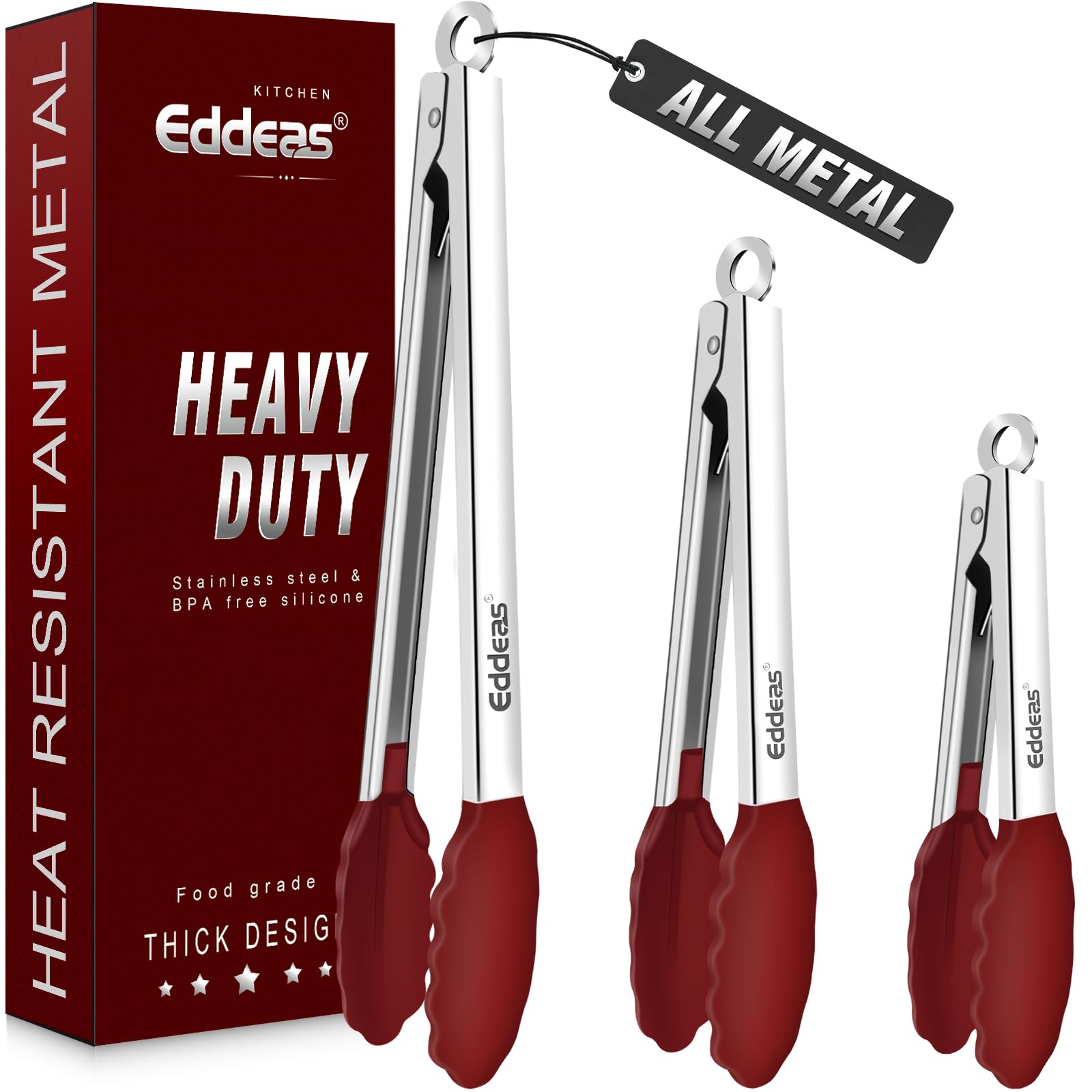 Tongs For Cooking - Silicone Metal Kitchen Tong 7" 9" &amp; 12" Red