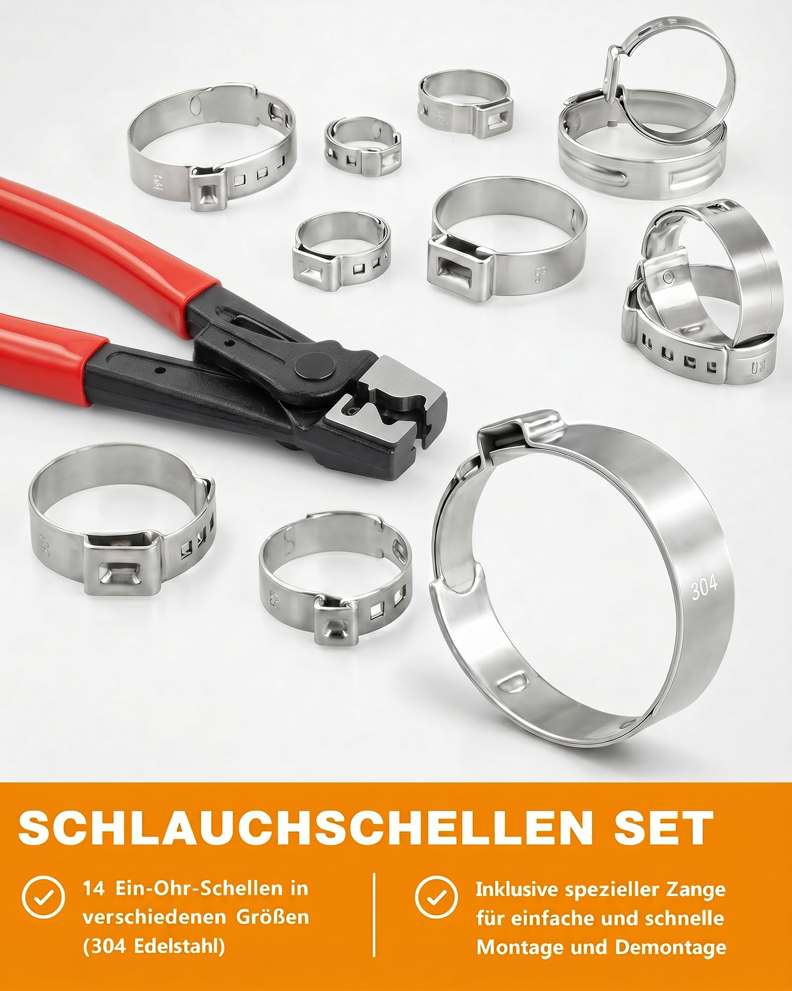 160PCS Schlauchschellen Set Edelstahl 304 mit Schlauchklemmenzange, 14 Größen (5,3-33,1mm) Einohr Schlauchklemmen Sortiment für Auto, Haushalt & Sanitär – Rostfrei & Auslaufsicher