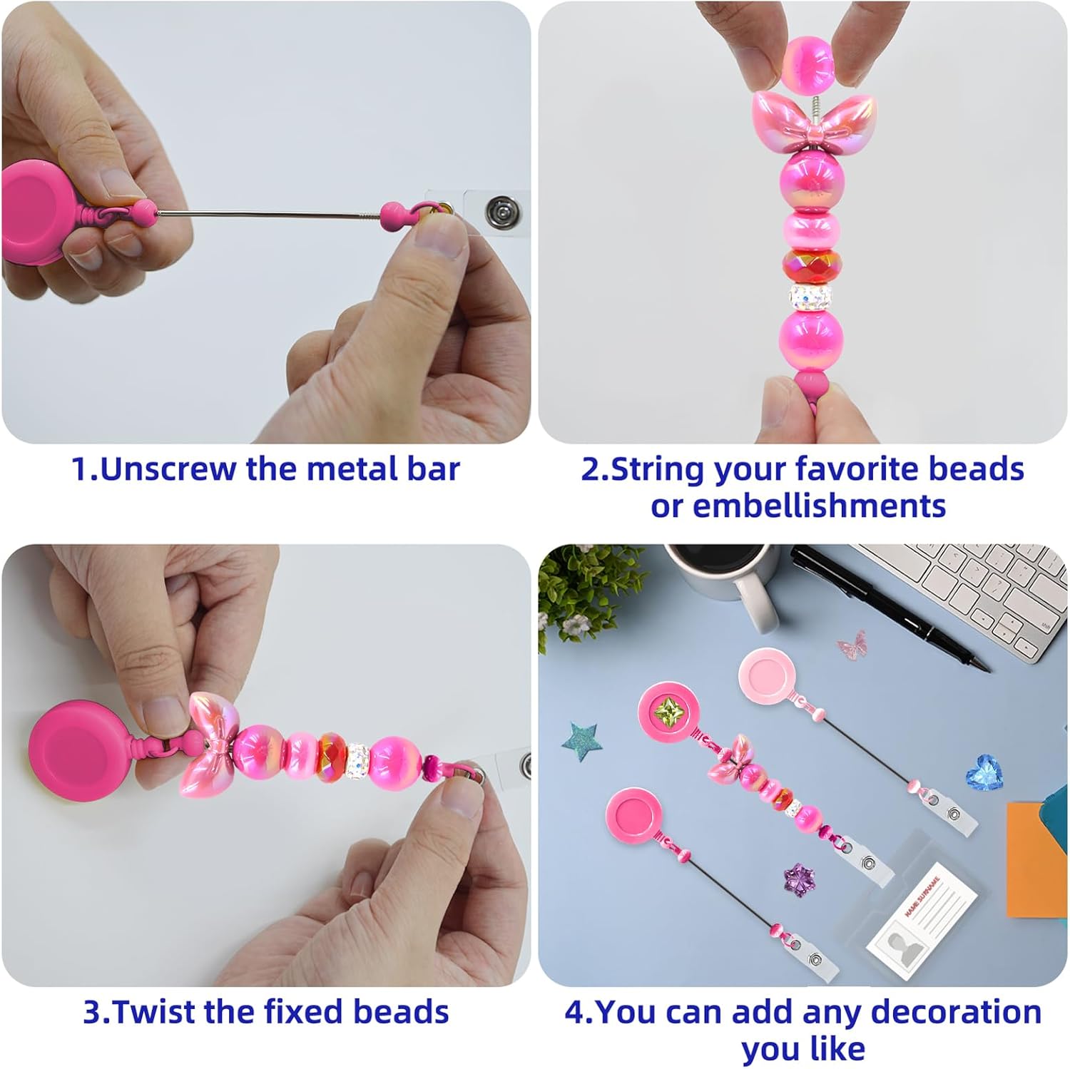 50pcs Beadable Badge Reels Making Kits - Beaded Blank Bars Bulk - Retractable Badge Reel with Belt Clip for ID Name DIY Gift Beadable Items for Nurses,Teachers, Students, Office, Workers (Pink)