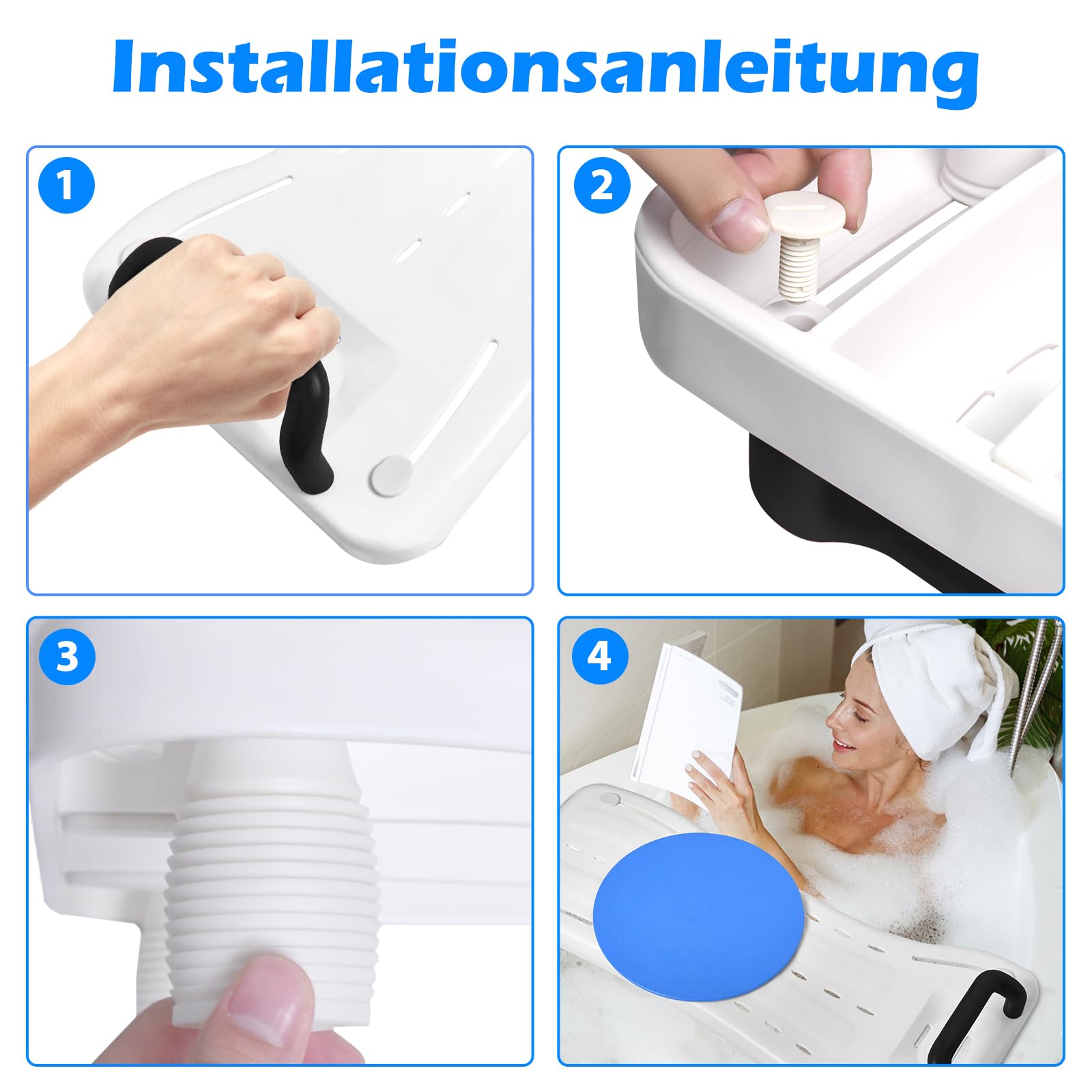 UISEBRT Badewannenbrett mit Drehscheibe Badewannensitz Senioren, Sitzbrett für Badewanne, Wannensitz mit Griff und Seifenablage, Länge 70 cm, Weiß und Schwarz