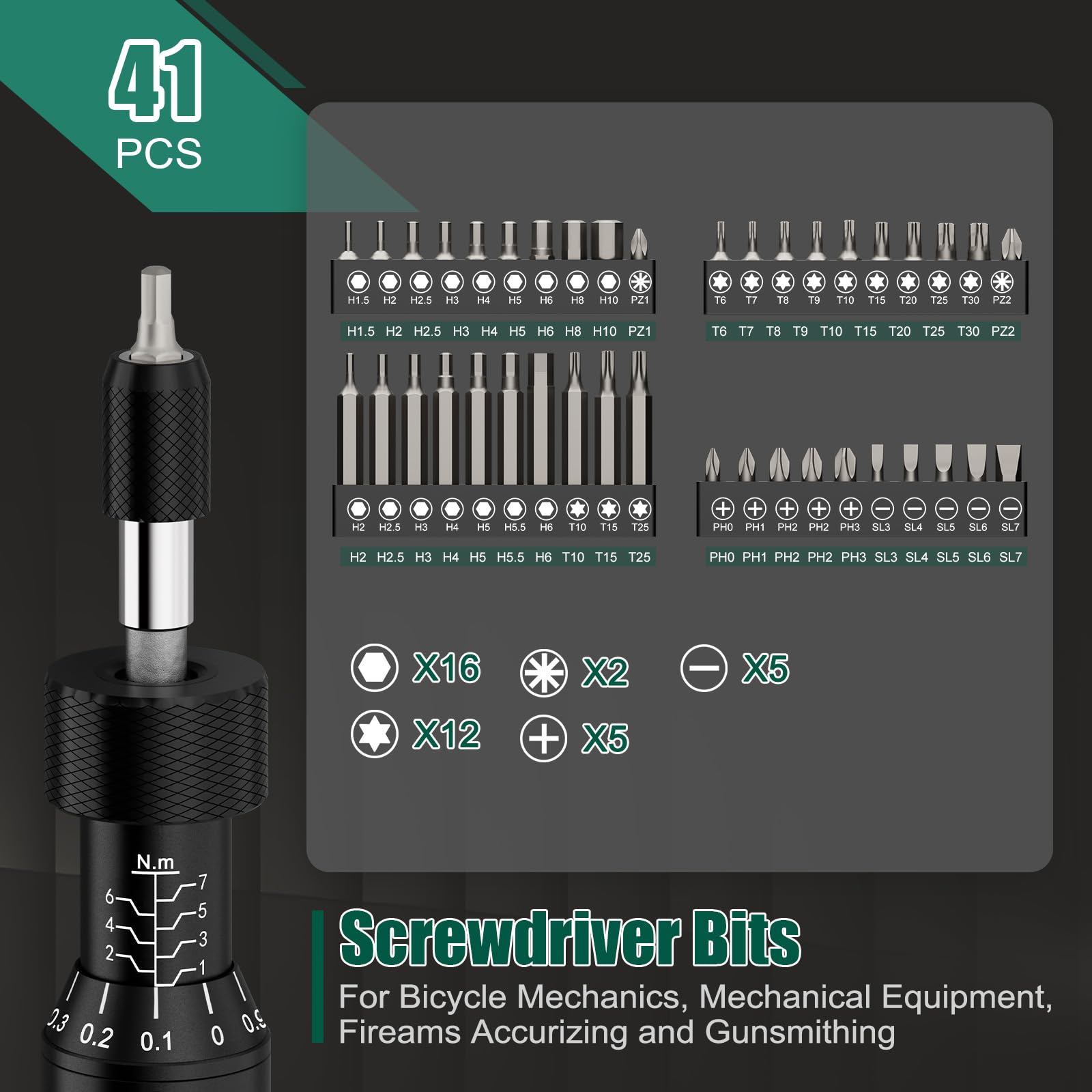 Tournevis Dynamométrique, 1-7 Nm, 41 Pièces, 1/4" Clé Dynamométrique Kit für Vélo Réparation, Assemblage, Modélisme(Vert)