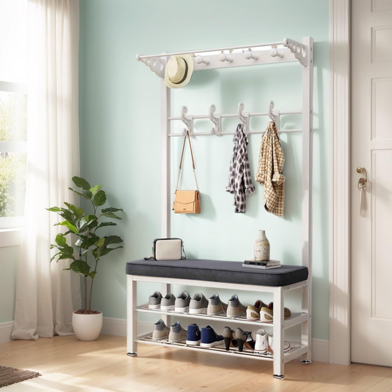 GYEQXKT Coat Rack with Shoe Bench - Metal Hall Tree for Mudroom & Living Room, Stylish Storage Solution for Coats and Shoes