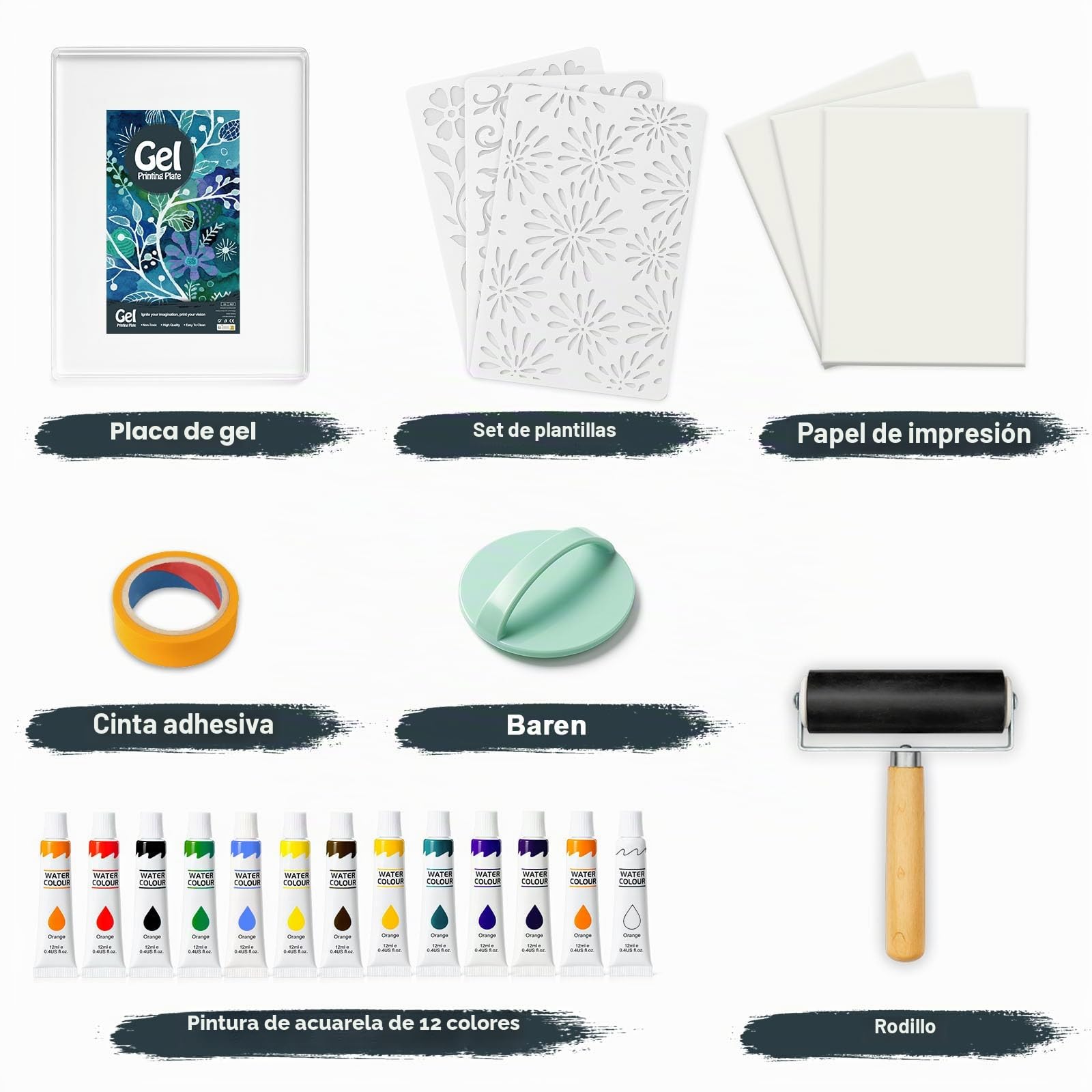 Kit de impresión de gel de 12,7 x 17,8 cm, con impresión de gel, rodillo de goma, pinturas de acuarela, plantillas, papel de impresión, rodillos y baren, adecuado para hacer tarjetas, artes