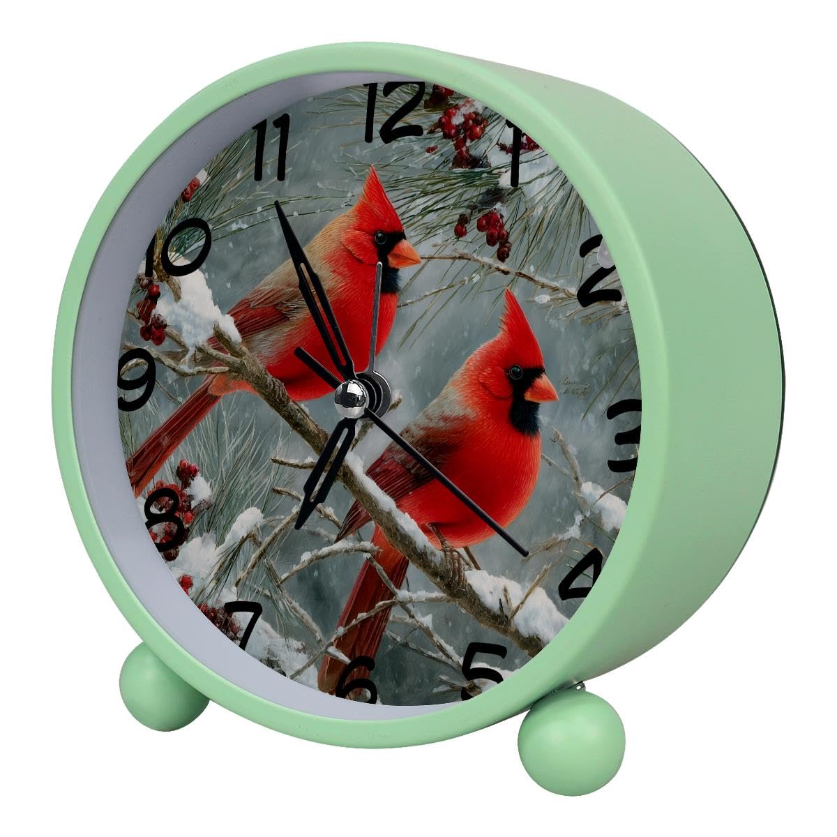 Luoweisi Analog Alarm Clock Christmas Cardinal, Silent Non-Ticking with Night Light, Battery Operated, Round Desk Alarm Clock for Office, Bedroom, Elderly, Adults, Children, Student Gifts