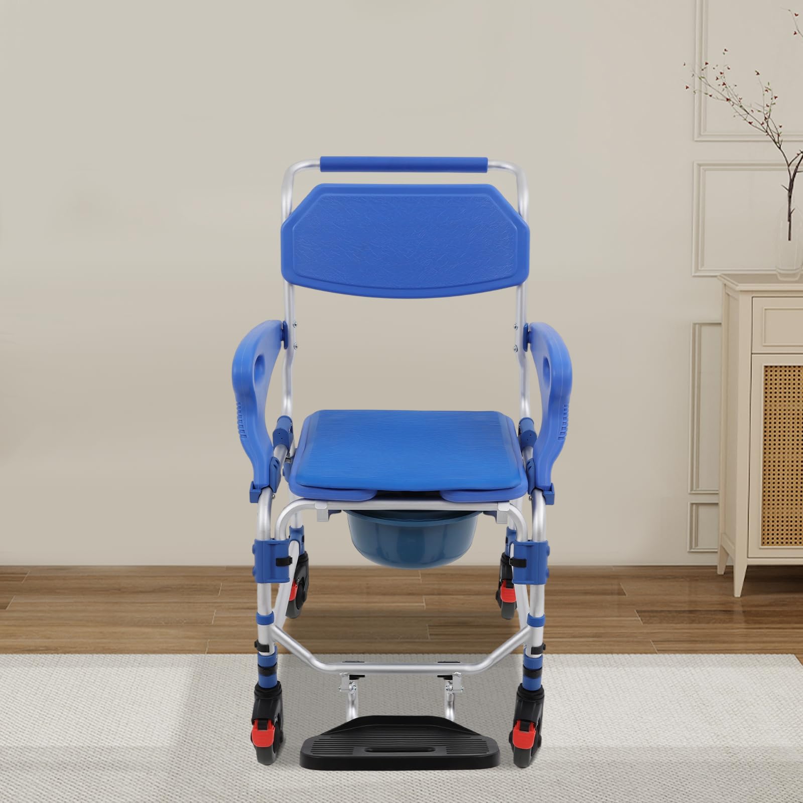 Silla de inodoro con ruedas Silla de ducha móvil para personas mayores, ducha móvil, silla de ruedas con reposabrazos plegables, capacidad de carga de 125 kg, 4 ruedas con frenos, cubo de inodoro