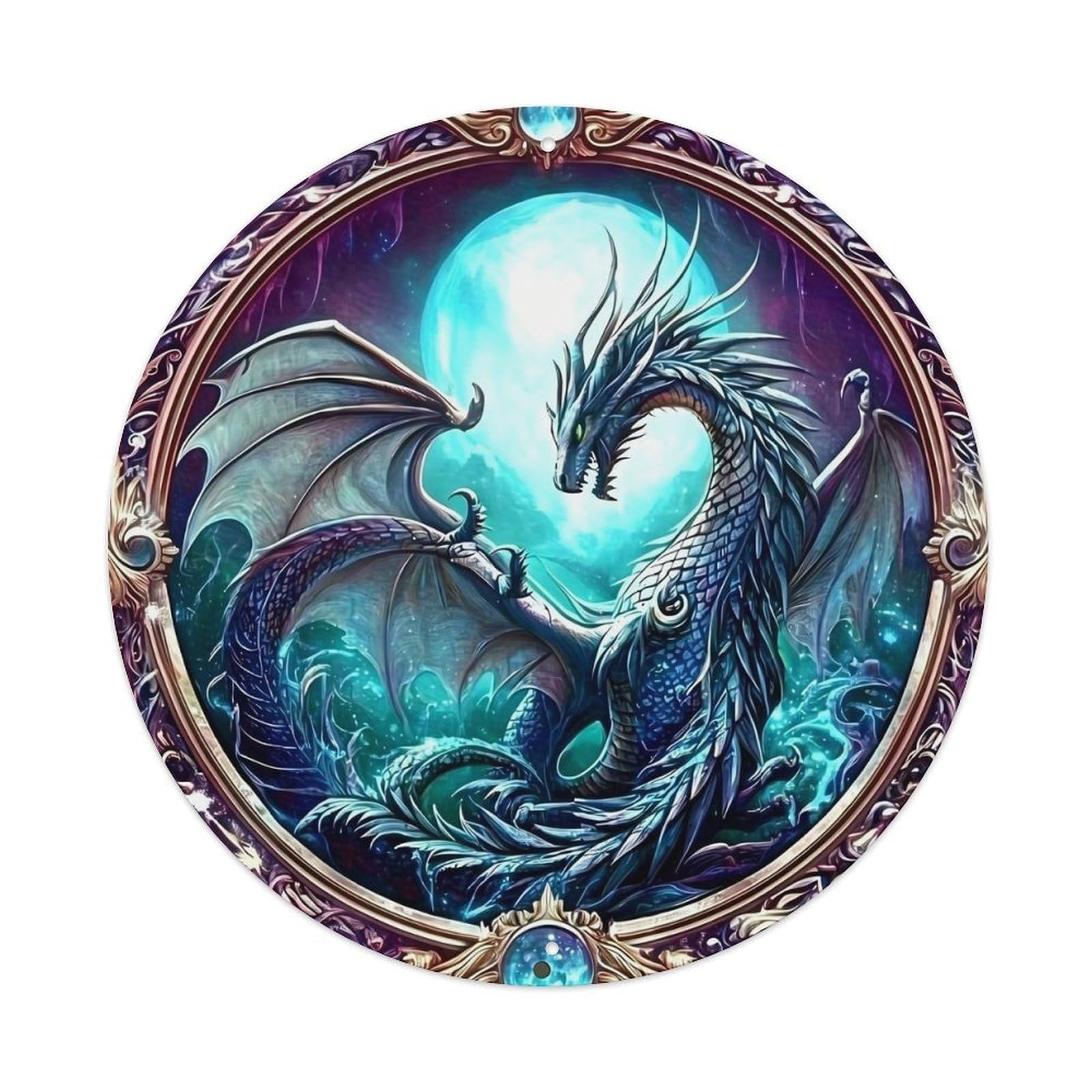 Mystical Dragon Moon Art Print Vintage Metal Tin Sign Retro Wall Decor for Home Bar Garage Cafe, Indoor & Outdoor Decorative，circle Metal Poster, 8x8 Inch