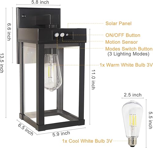 Miniatura 5 de Paquete de 2 luces solares de pared impermeables para exteriores, con 3 modos de iluminación y sensor de movimiento, lámparas de porche exterior del