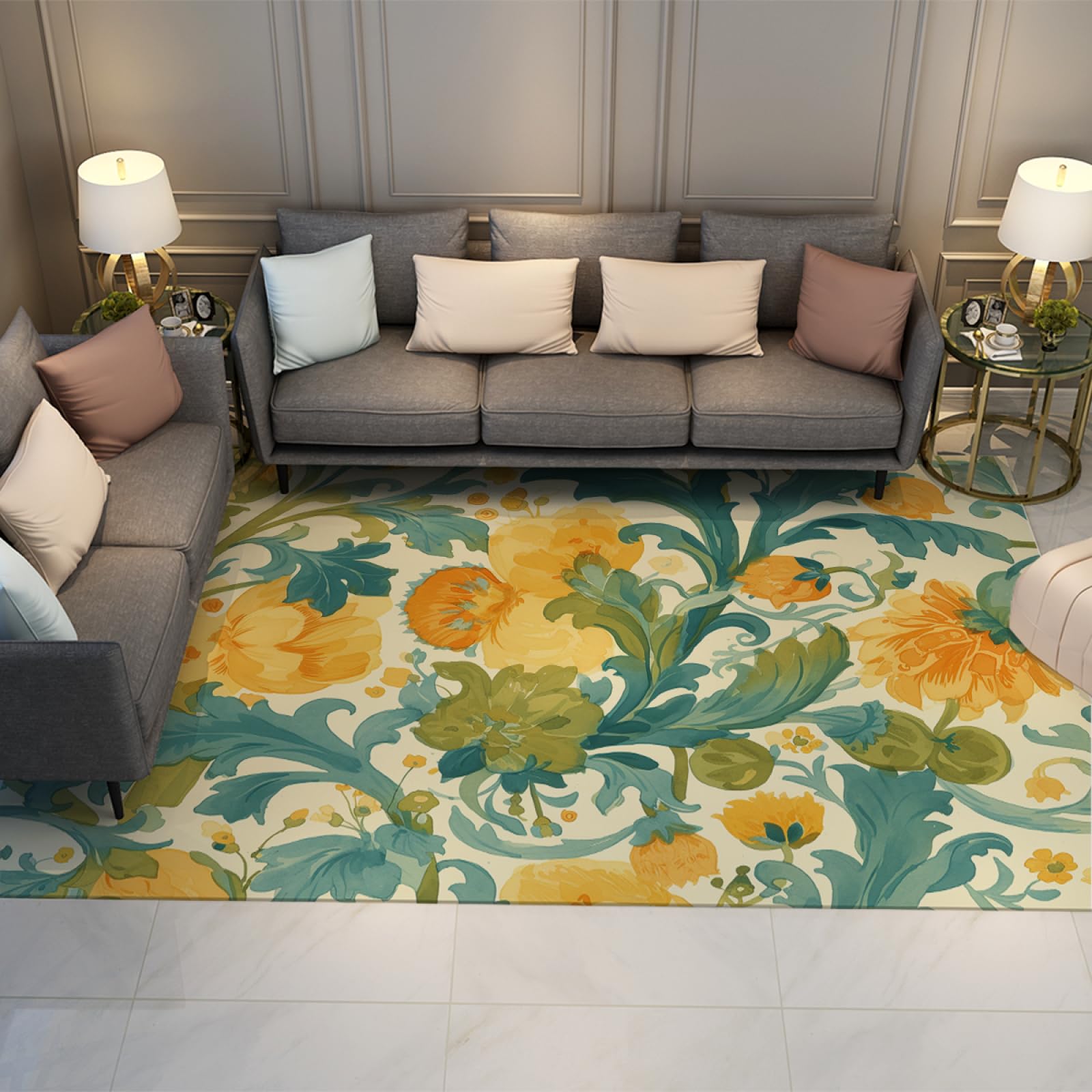 Tapis de fleurs jaunes style William Morris tapis entrée cuisine