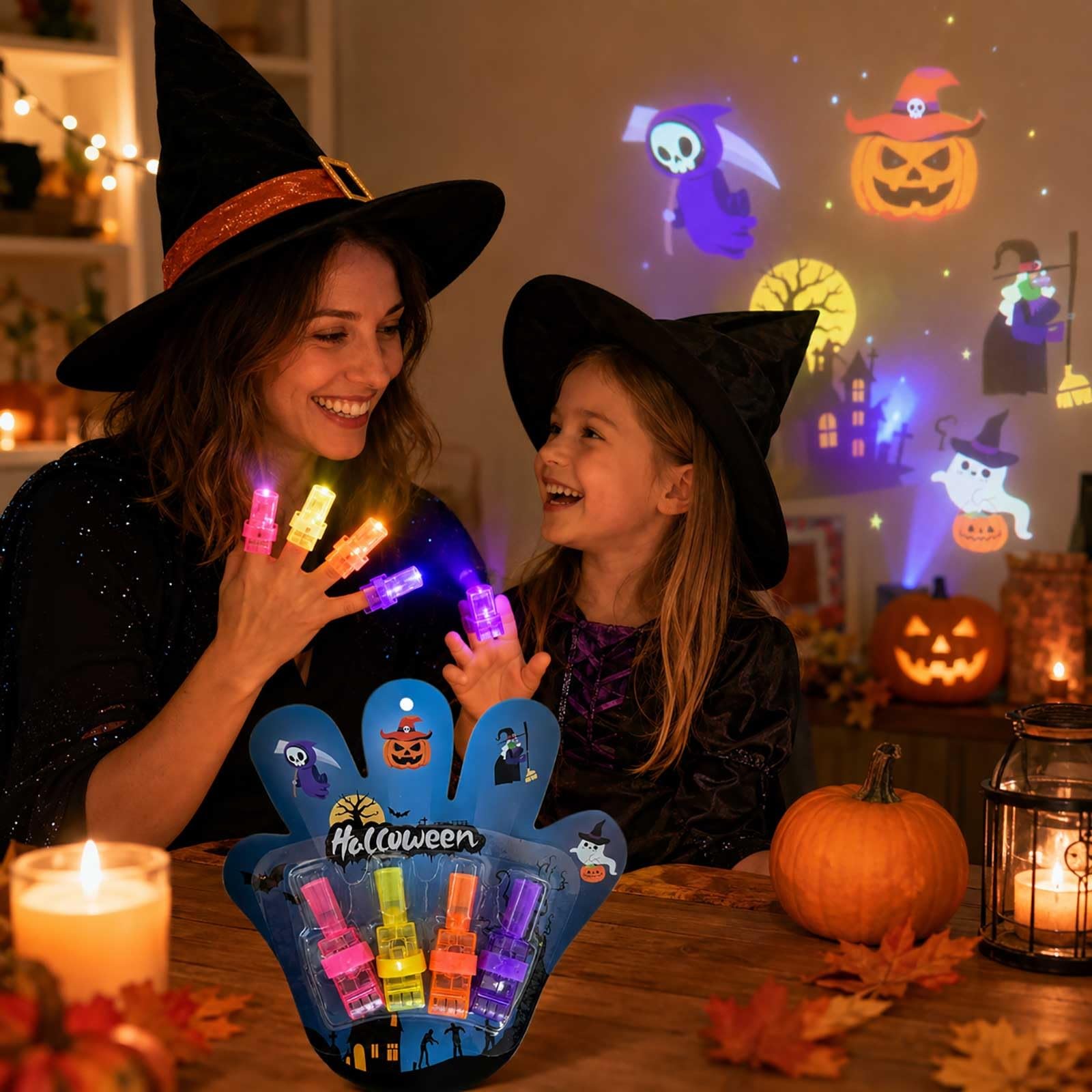 Halloween Finger Projector Lights, Mini Pattern Led Finger Lights Halloween Party Favors Mini Colorful Spooky Pattern, LED Light Up Fingerlampe with Elastic Band & Slide Switch for Halloween (16)