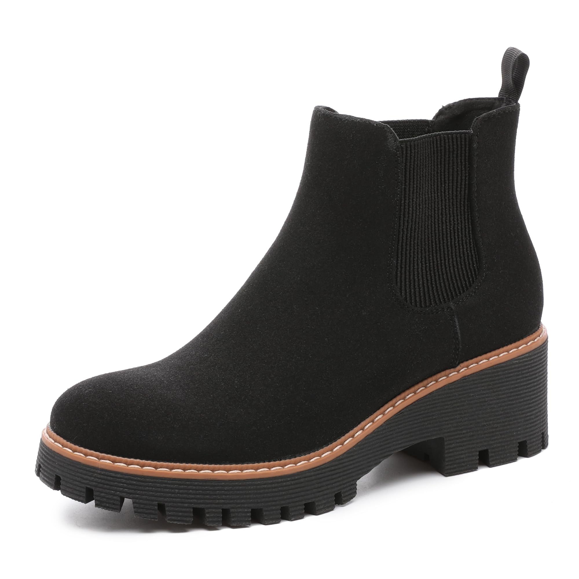 DECARSDZ Womens Chunky Platform Chelsea Boot With Elastic Low Wedge Heel Slip On For Fall Work Suede Leather