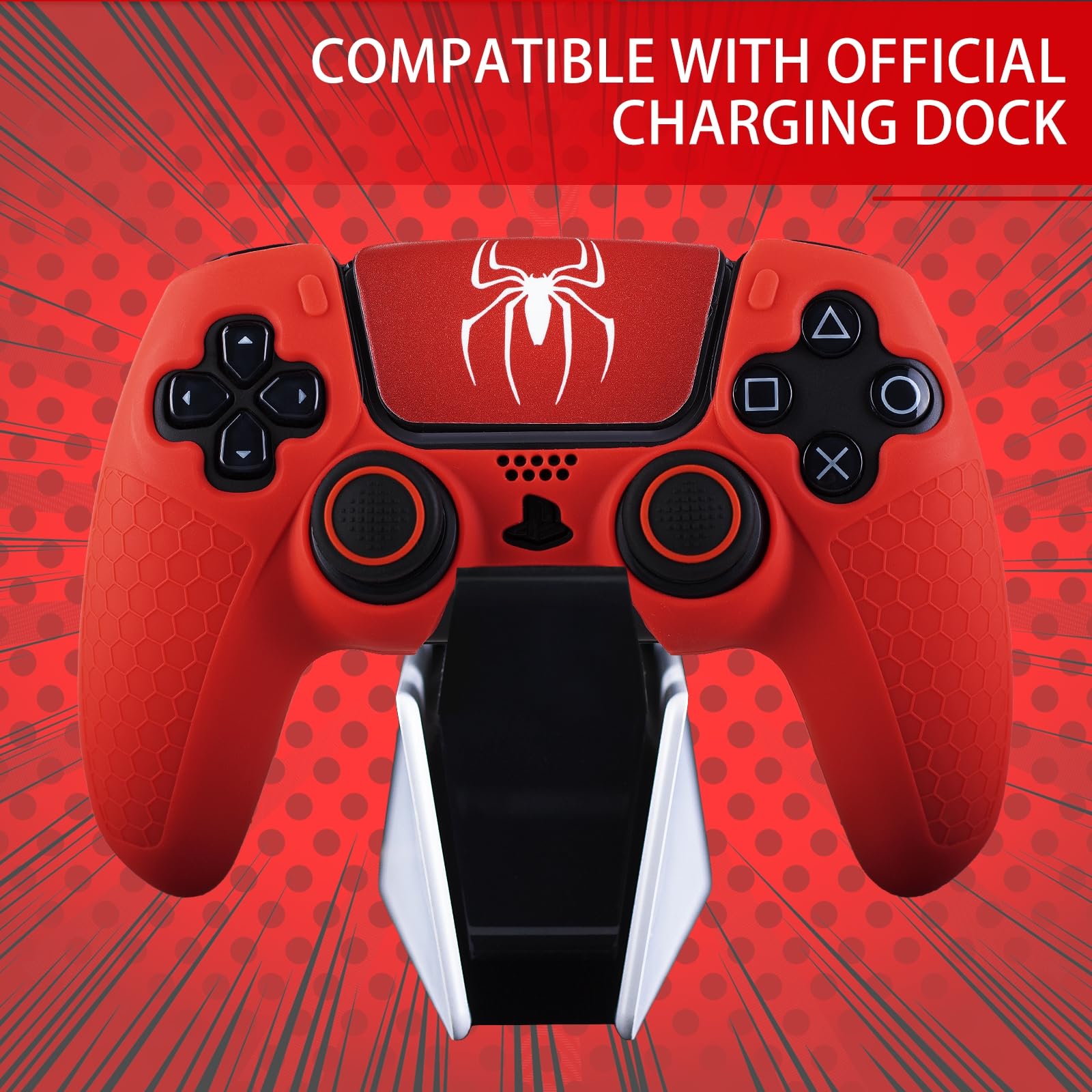 Coque en silicone antidérapante pour manette de PS5 avec 2 capuchons de joystick et 1 autocollant 1 araignée écarlate