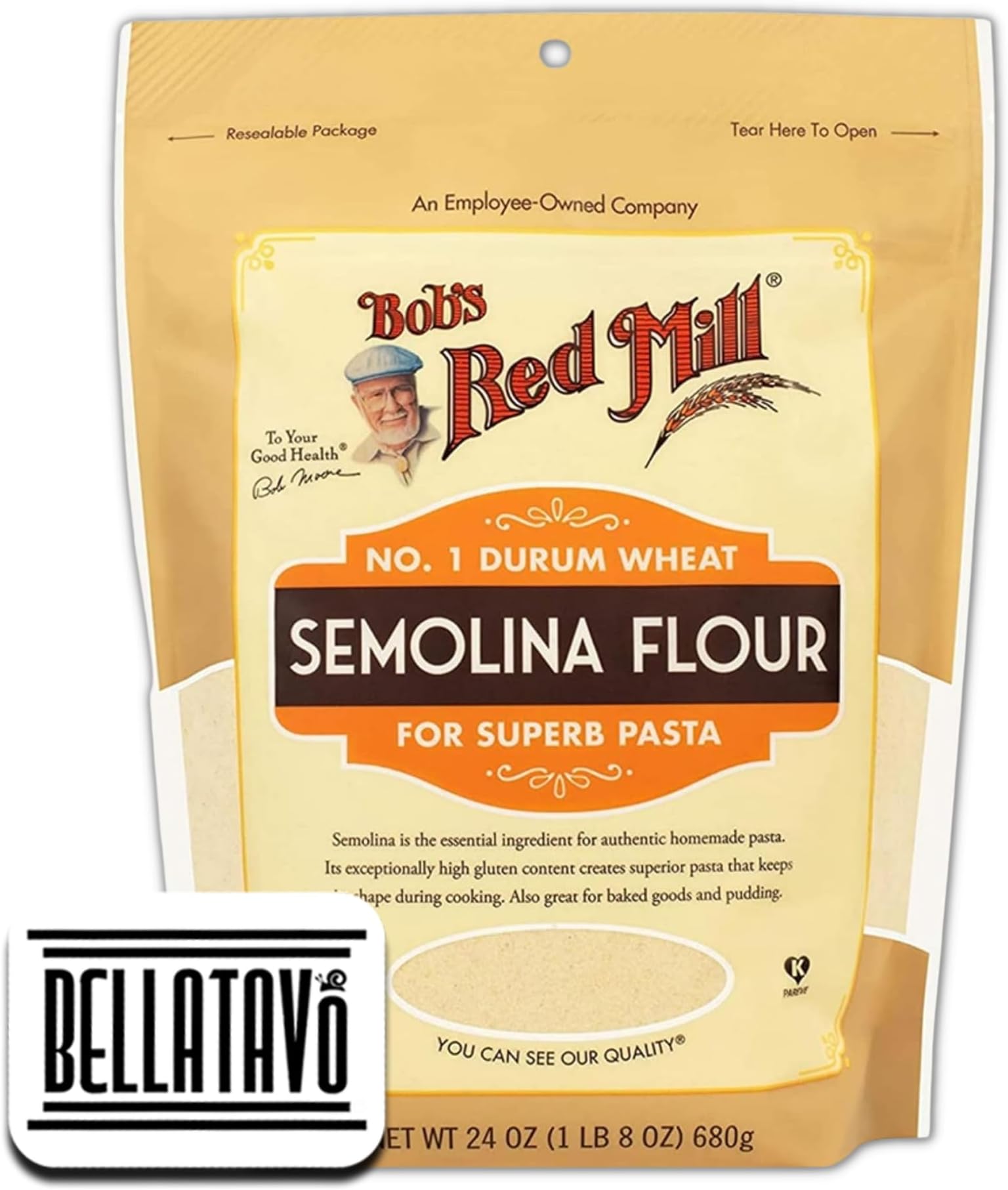 Semolina Flour Bundle. Includes One Bag of Bobs Red Mill Semolina Flour. 1 Bag has 24 oz of Bobs Red Mill Semolina Flour for Pasta! Milled from No. 1 Durum Wheat! Comes with a BELLATAVO Fridge Magnet!