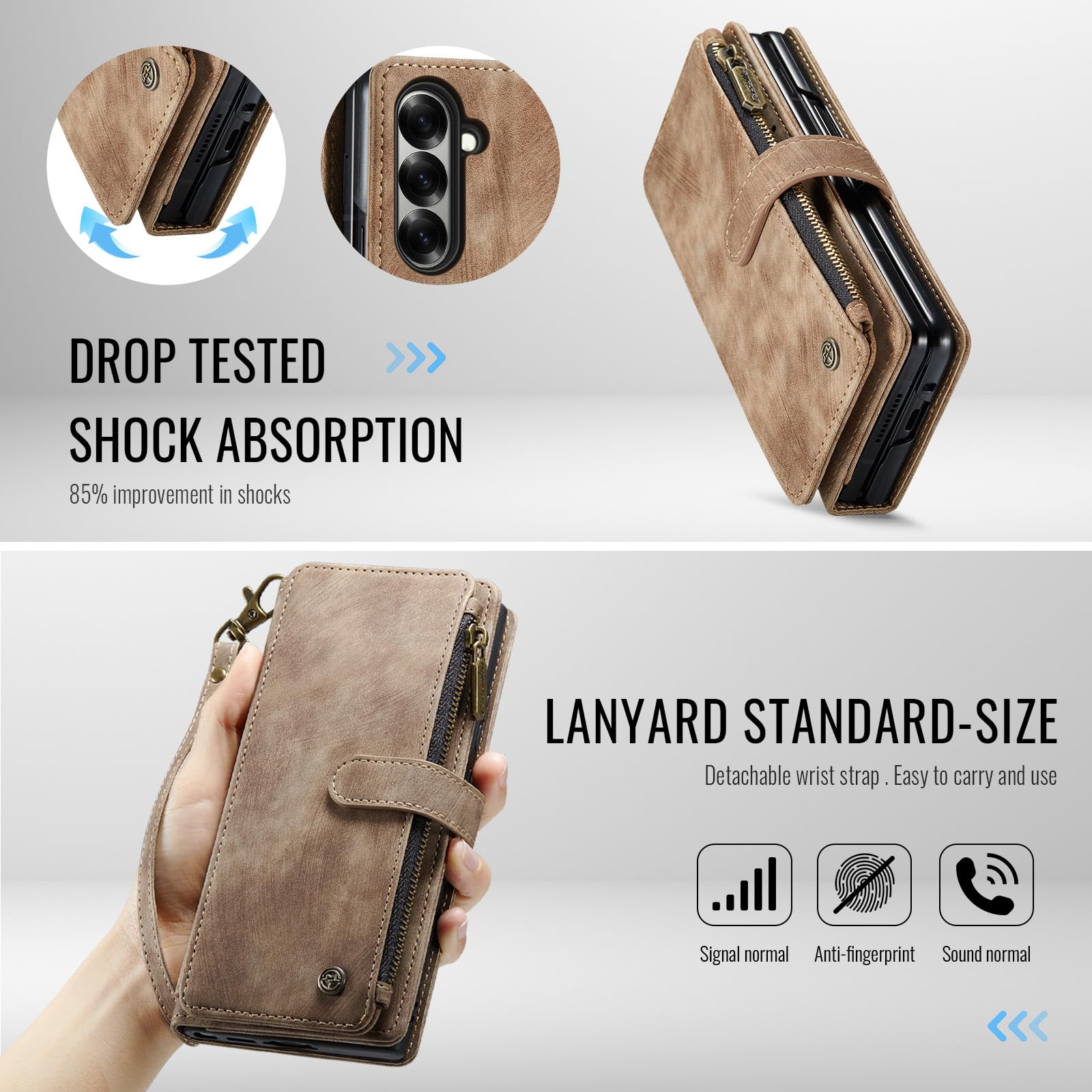 Etui portfelowe ze skóry PU, pasuje do telefonu Samsung Galaxy Z Fold8, przegródki na karty, magnetyczne zamknięcie, podpórka, odporny na wstrząsy pasek na nadgarstek, zamek błyskawiczny o