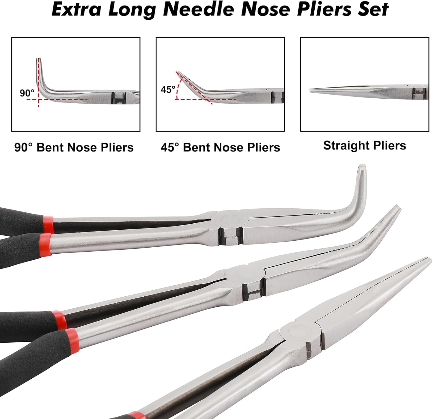 CASOMAN 6PCS 11" Extra Long Pliers Set, Include Extra Long Needle Nose Pliers Set (1"Long Nose Plier, 90°&45° Bent Nose Pliers) & Non-slip Hose Gripper Plier Set(5/16", 1/2", 3/4" Dia)