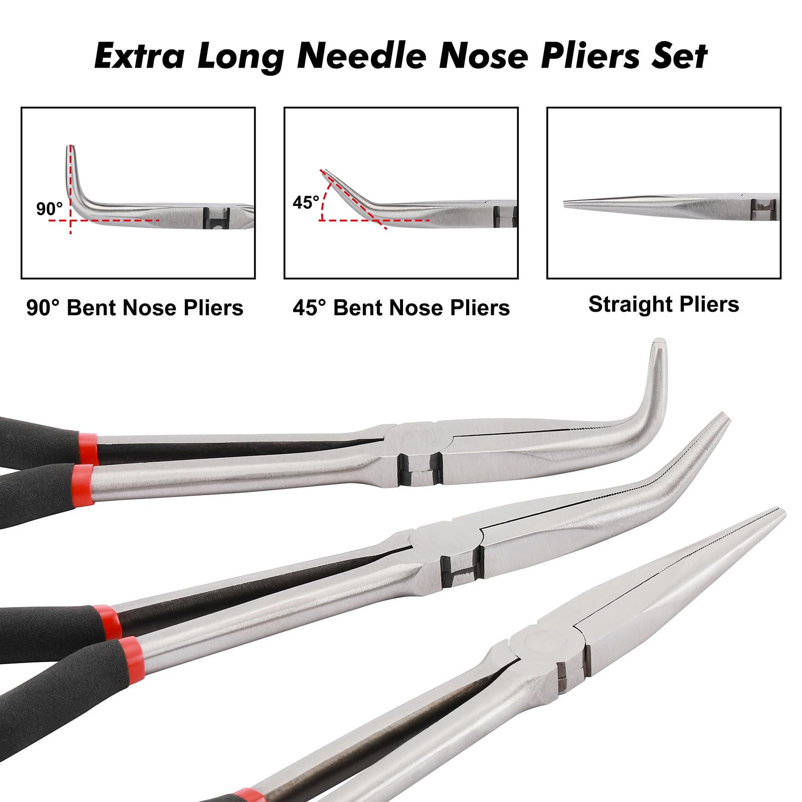 CASOMAN 6-teiliges 27,9 cm extra langes Zangen-Set, inklusive extra langem Spitzzangen-Set (2,5 cm Spitzzange, 90° und 45° gebogene Spitzzange) und rutschfester Schlauchgreiferzangen-Set (5/16 Zoll,