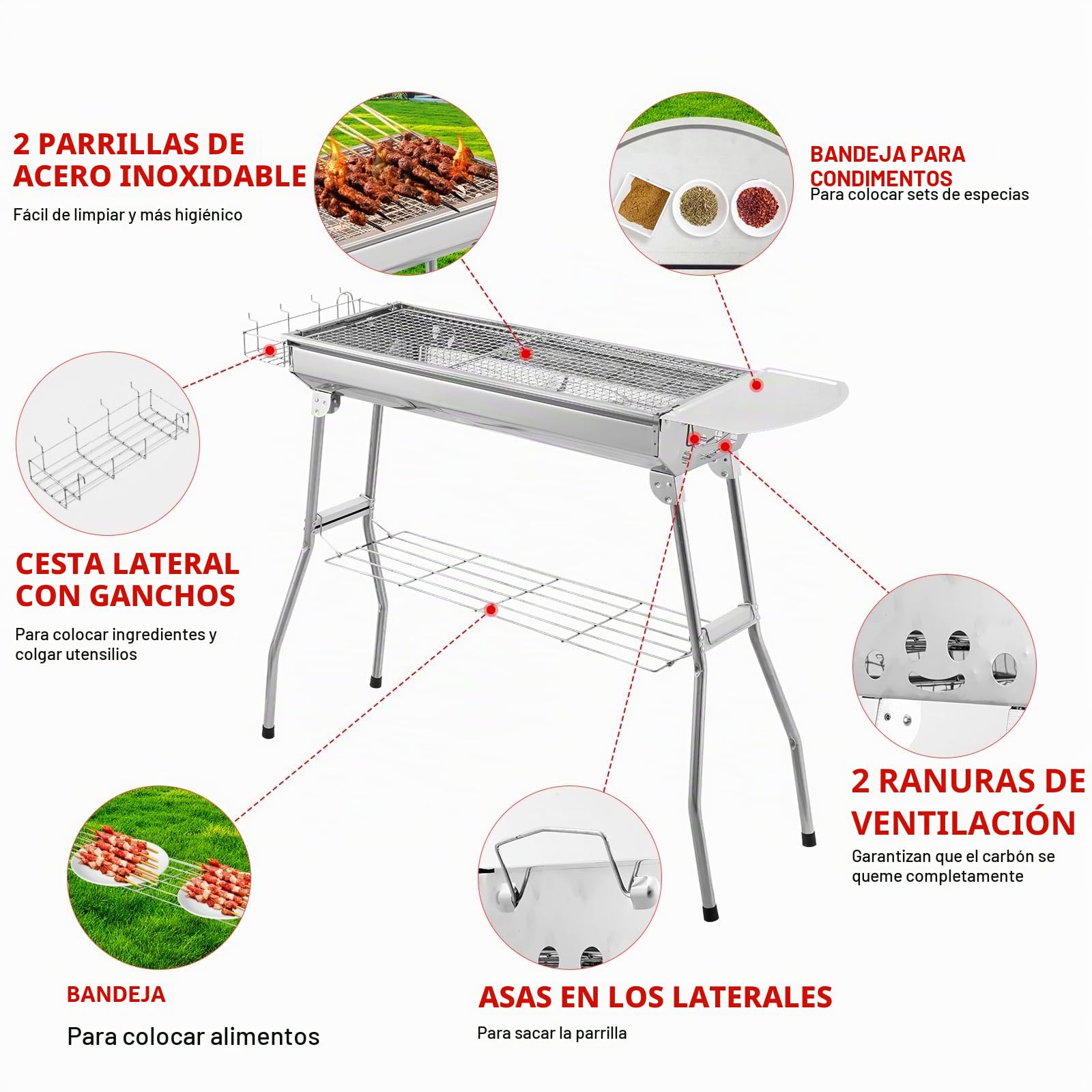 Barbacoa de carbón XXL (73 x 28 x 76 cm), portátil, plegable, de acero inoxidable, para exteriores, barbacoa de carbón, parrilla plegable