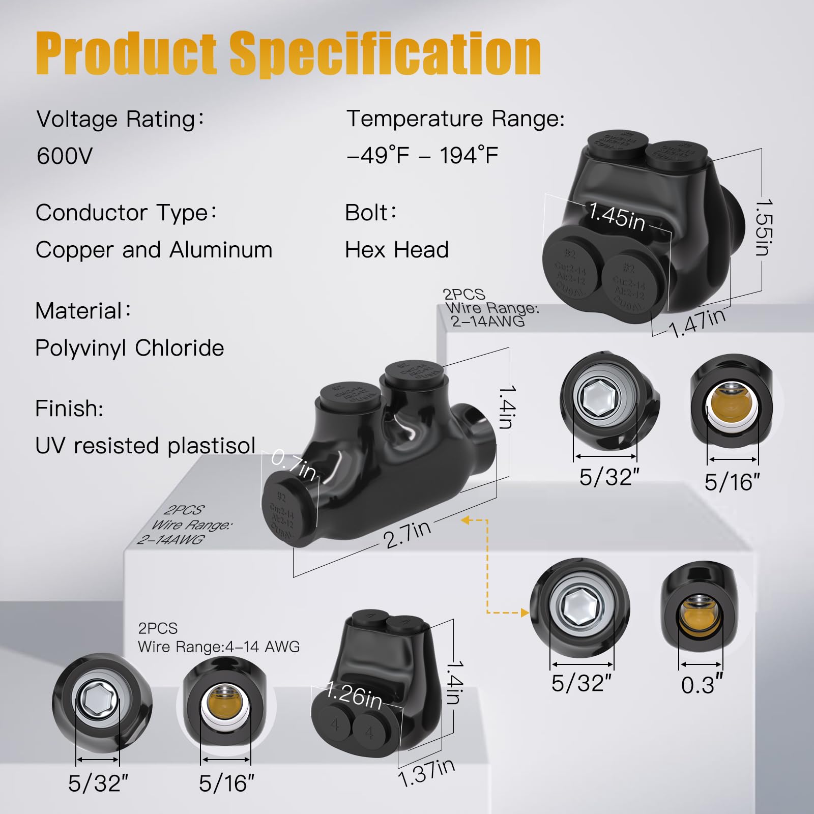STARELO Lot de 6 connecteurs de fils isolés à 2 ports, connecteurs multi-robinets pour fils de cuivre et d'aluminium, hexagonaux Allen fendus avec revêtement en vinyle noir, pré-remplis avec