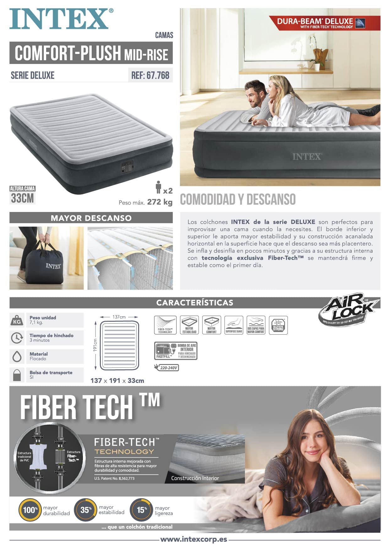 Intex 67768 - Matelas gonflable Dura-Beam Plus ComfortPlush, 137 x 191 x 33 cm