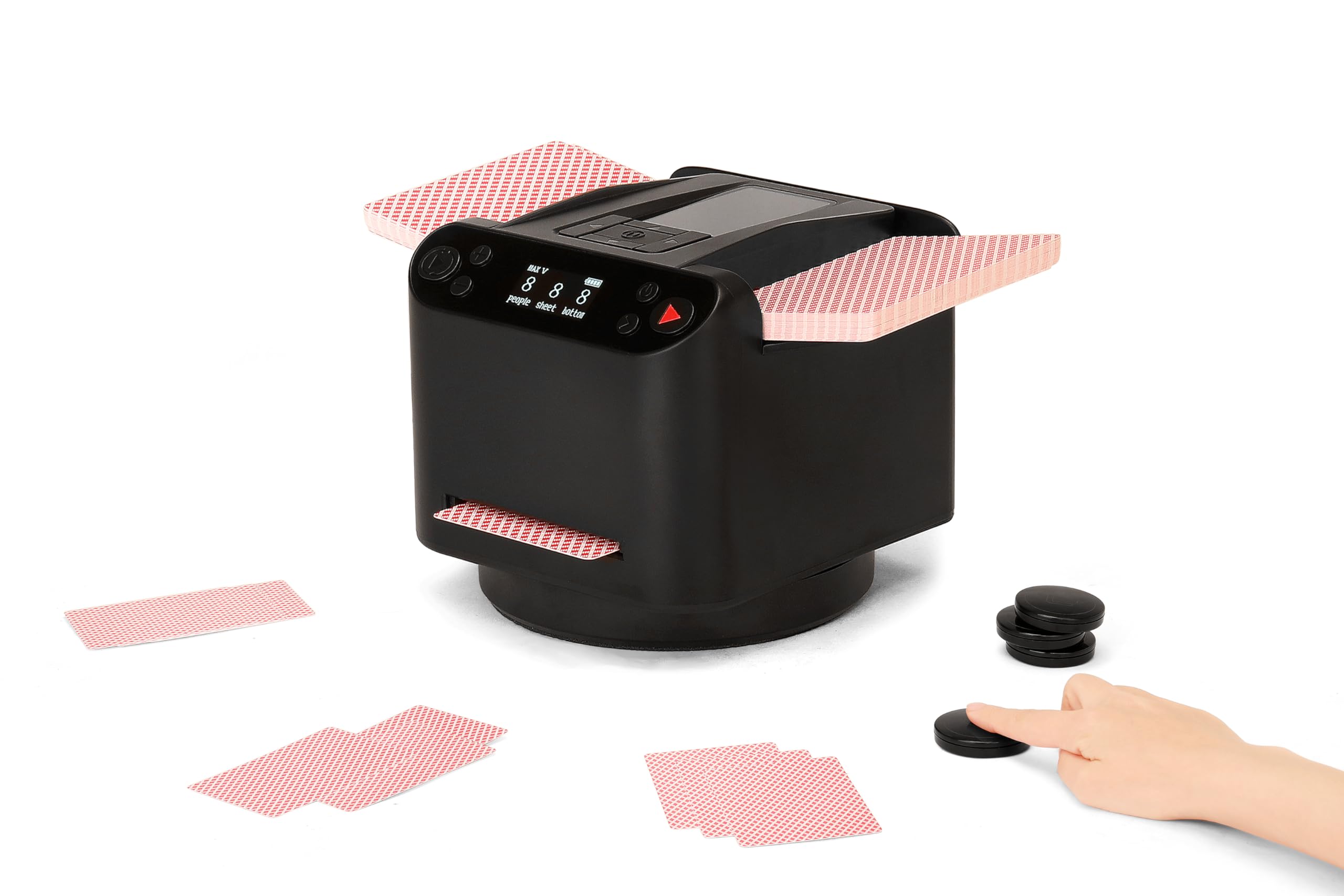 2-in-1 Automatic Card Shuffler and Dealer Machine, 360° Rotating Playing Cards Dispenser with 4 Remote Dealing Buttons, Rechargeable Cards Dealing Device for Casino Hold'em, Blackjack, Bridge, UNO