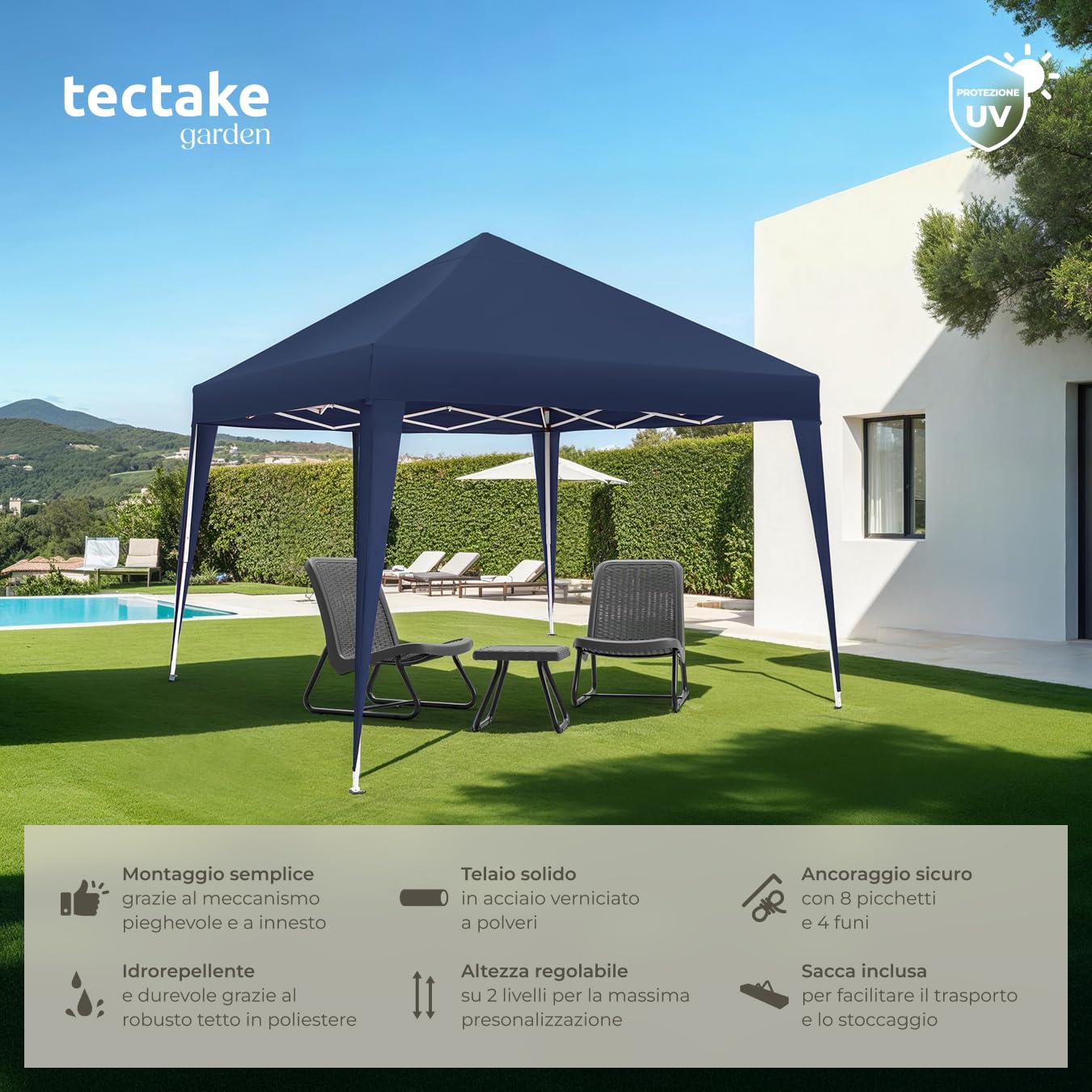 Tectake Gazebo da Giardino Regolabile 300x300x255 cm Blu - Padiglione Esterno Resistente con Telaio in Acciaio, Idrorepellente, UV