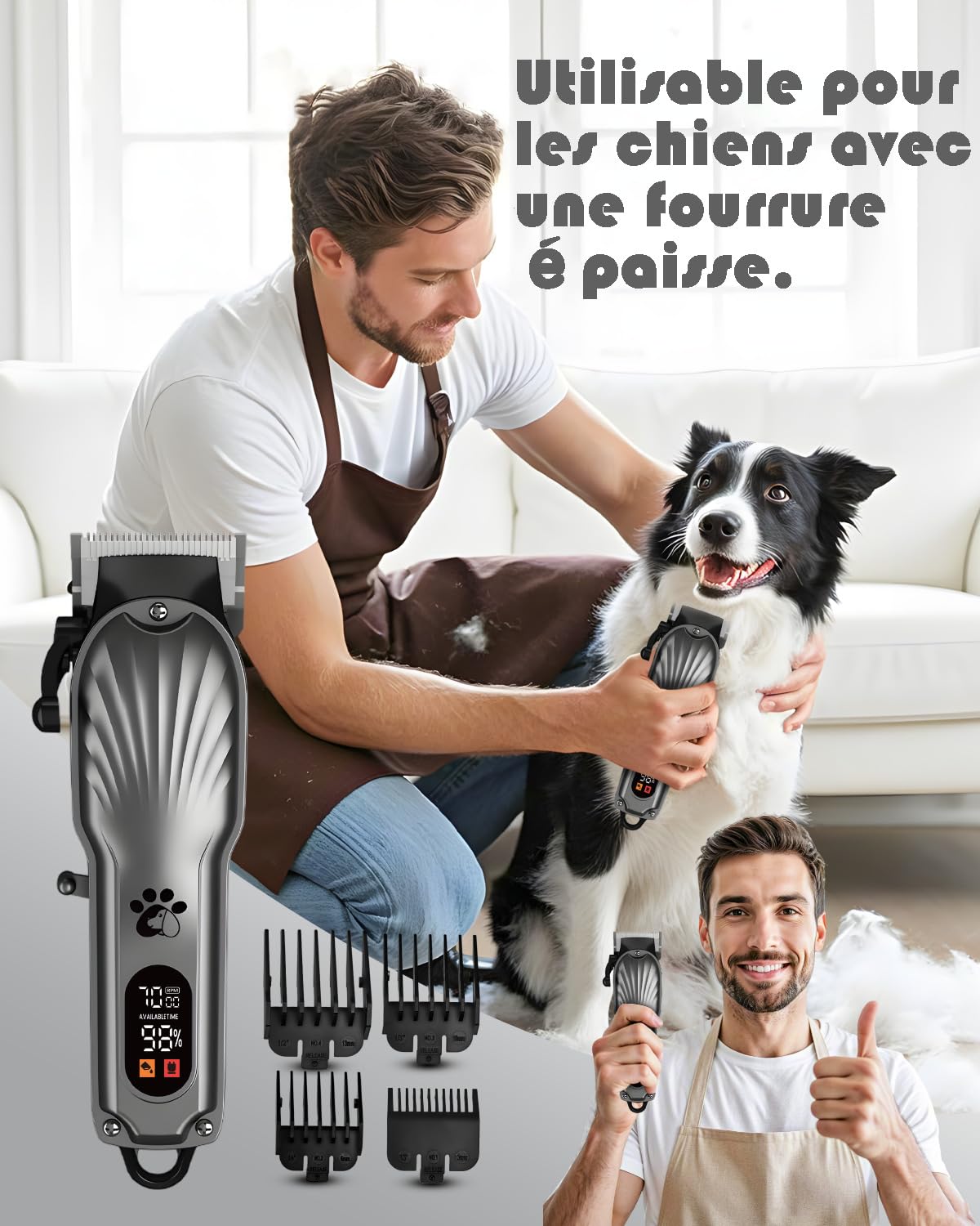 Tondeuse pour chien professionnelle, pour poils longs et épais, tondeuse pour animaux, sans fil, écran LED, tondeuse rechargeable à faible bruit avec kits de toilettage d'ongles