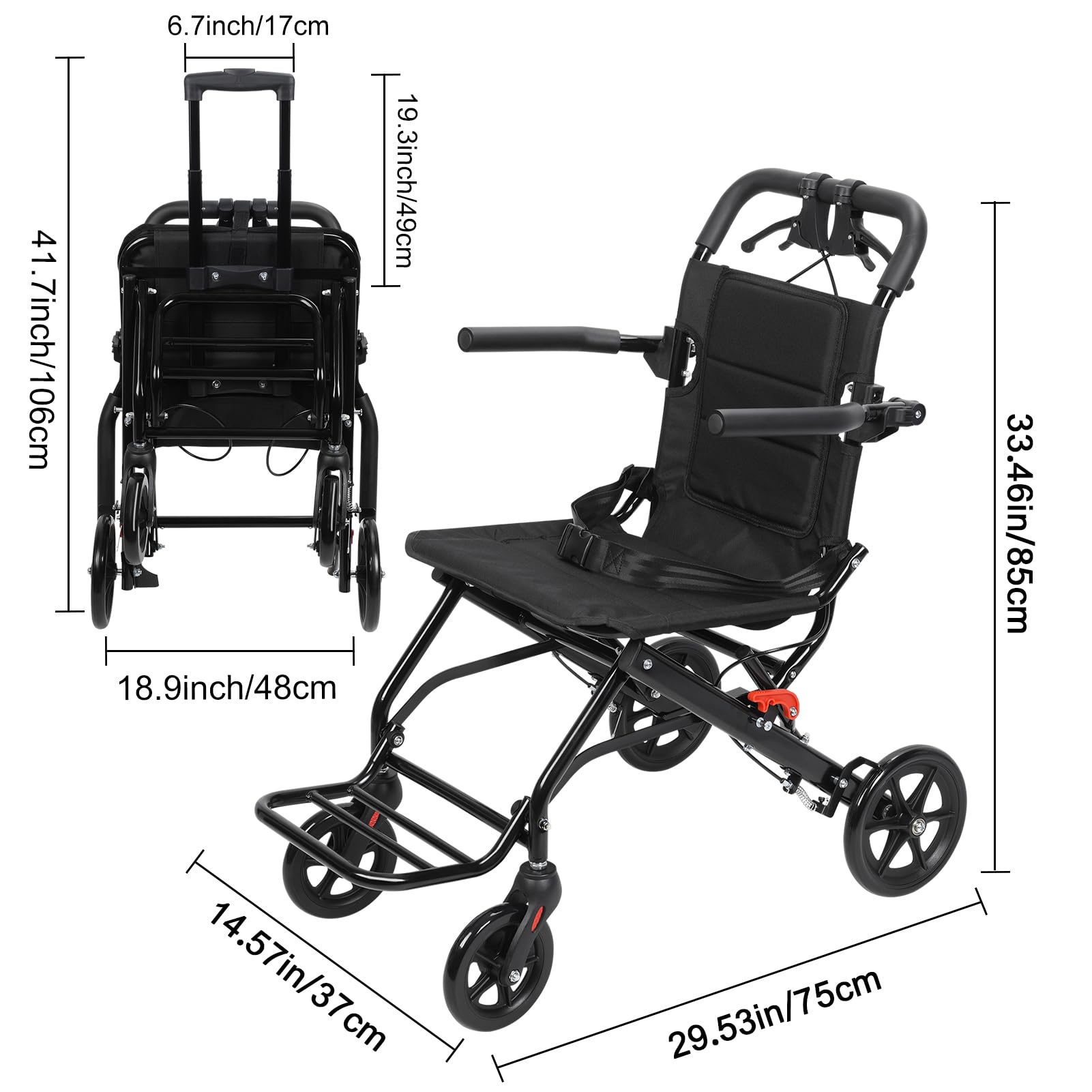 Reiserollstuhl Faltbar, Ultralight Transportrollstuhl für Erwachsene, Schmaler Faltbarer Rollstuhl, Leichter Rollstuhl für Reise & Wohnung bis 100 kg Belastung (Schwarz-(Ohne Zuggriff))