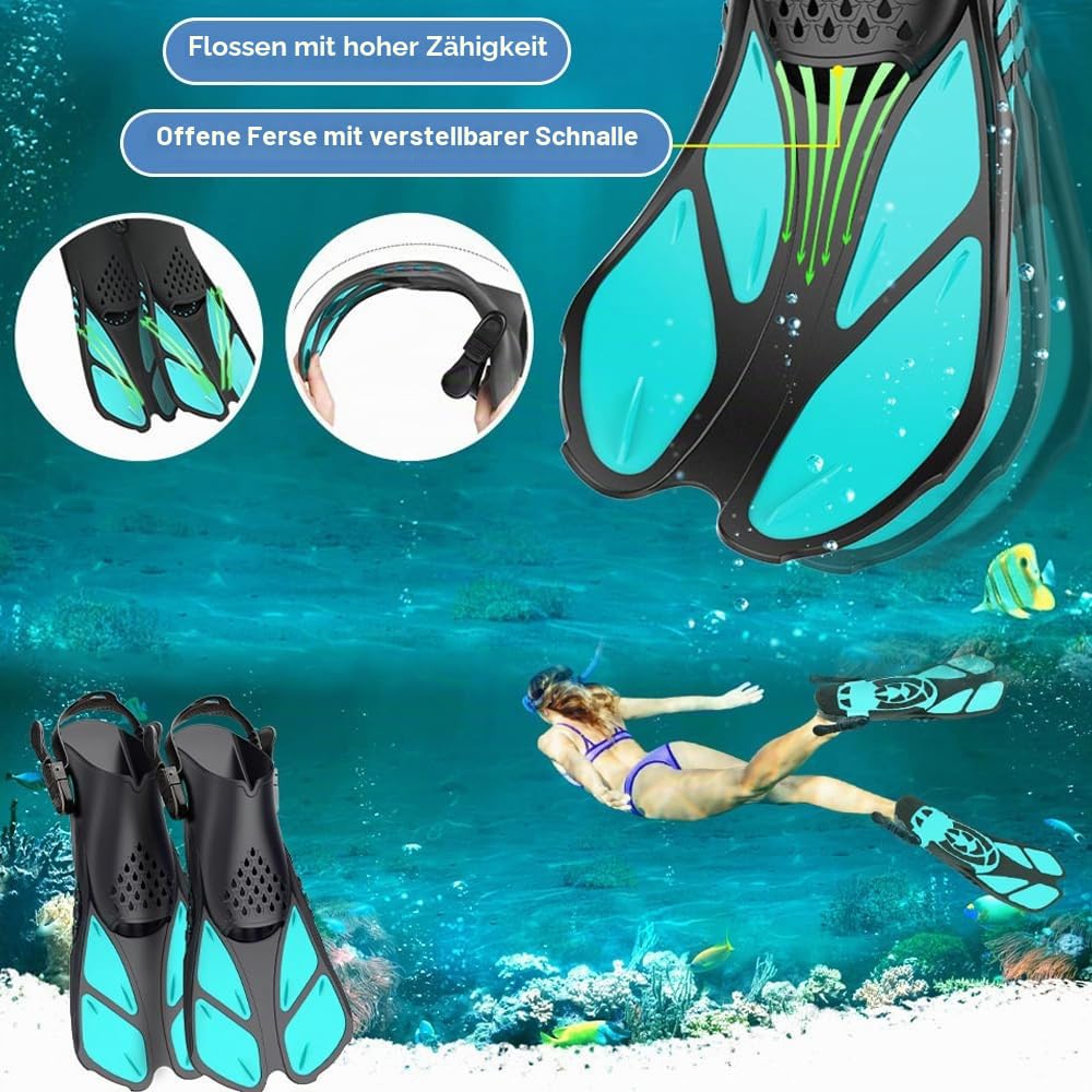 Schwimmflossen Erwachsene Unisex, Verstellbare Schnorchelflossen mit Offener Ferse, Kompakt Flossen für Schnorcheln, Tauchen und Schwimmen