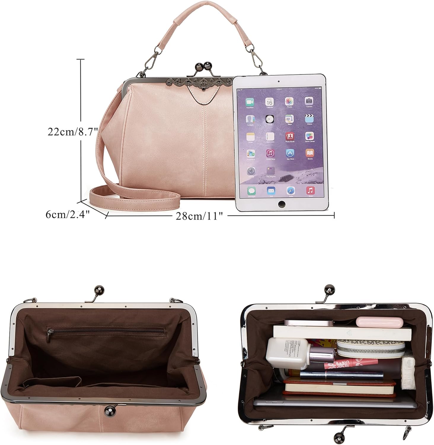 Women Kiss Lock Vintage Handbags for Women Oil Leather Evening Clutch Satchel Purse Tote - Image 5