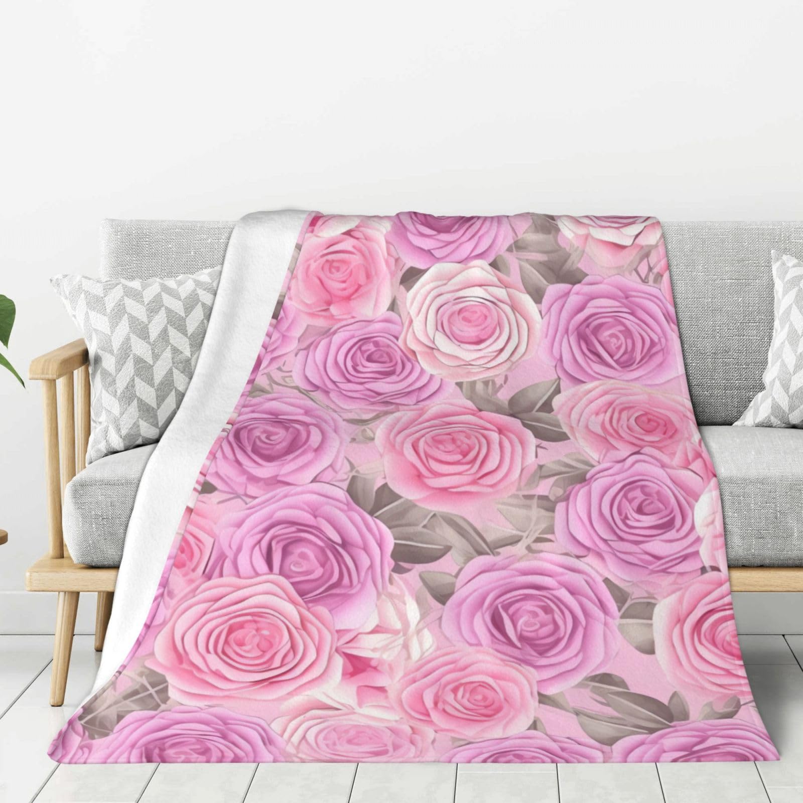 Plaid en flanelle douce aux finitions soignées et motif floral rose élégant