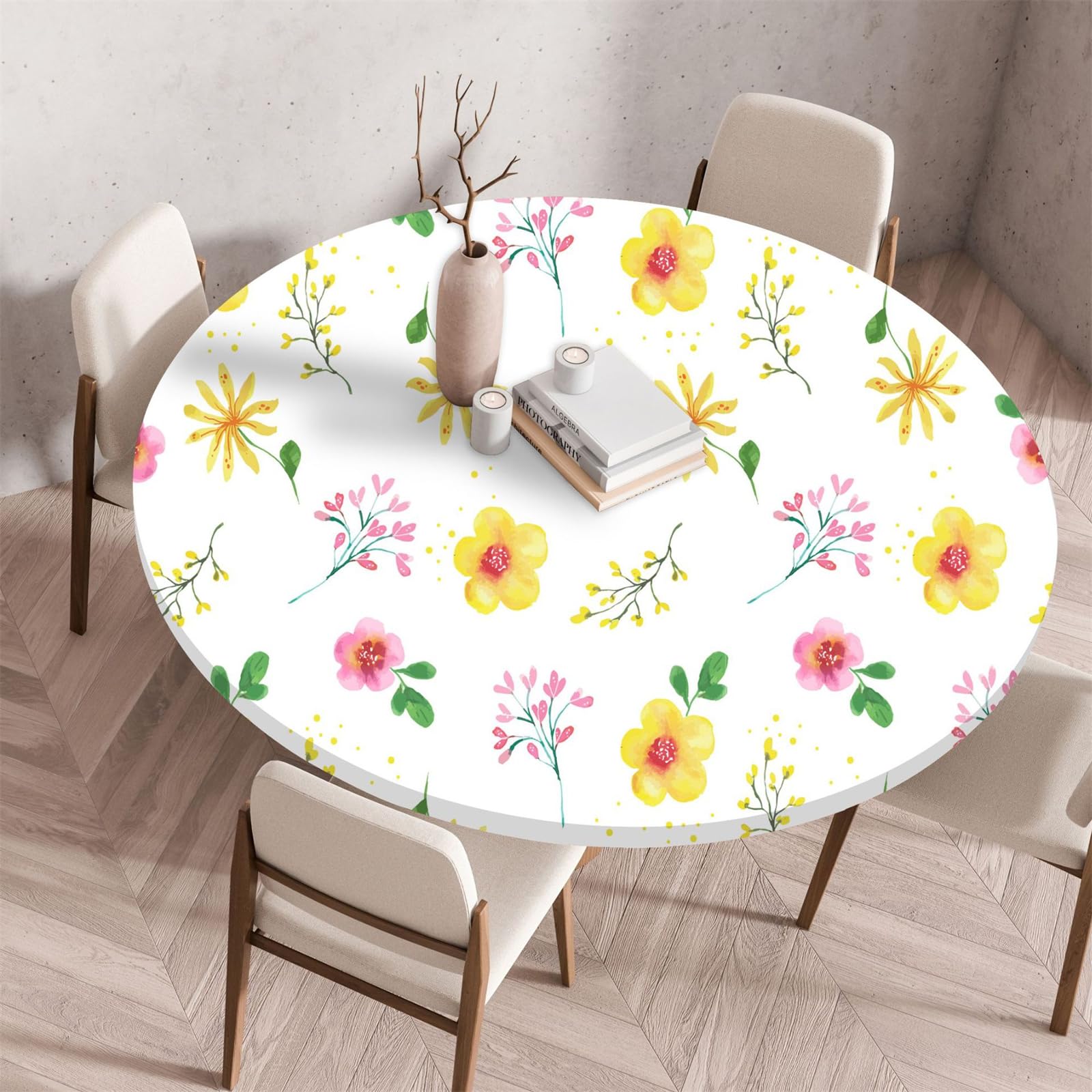Muiuou Round Tablecloth, Flower Printing Waterproof Wipeable Table Cover Elastic Edge, Reusable Round Table Cover Cloth, Fitted Kitchen Restaurant Home Decoration