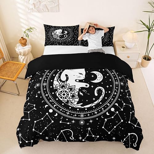 Funda de Edredón de Gatos Galaxia Tamaño Full, Juego de Ropa de Cama Gótica de Luna Estrellada y Constelación 3 piezas para Decoración de Habitación