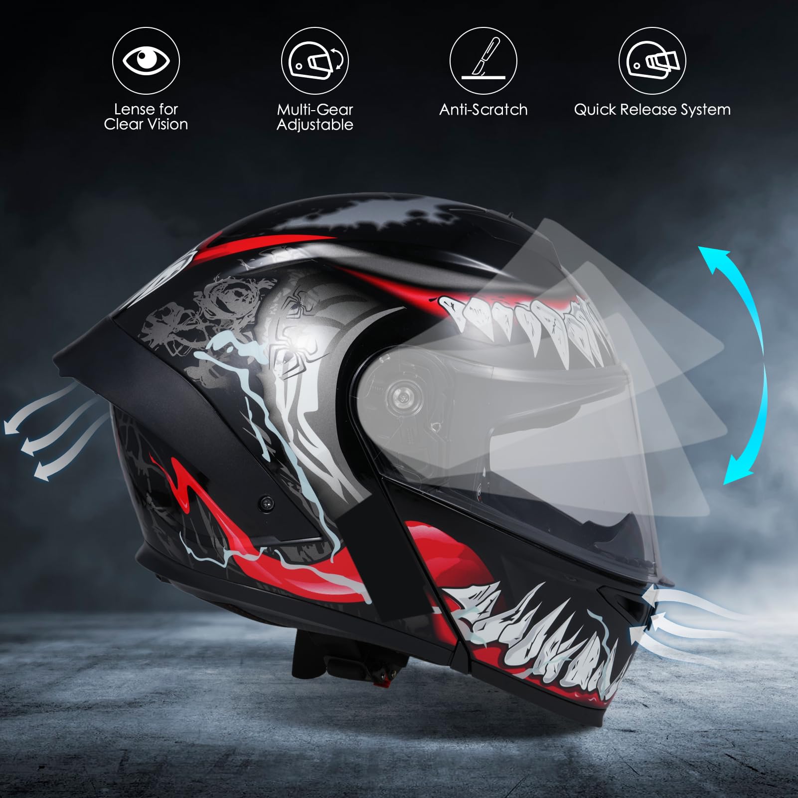 Motorradhelm, Leichter, hochklappbarer modularer Integralhelm, Klapphelm mit Doppelvisier und wiederaufladbarem LED-Rücklicht Klapphelm für Erwachsene, Männer und Frauen-L