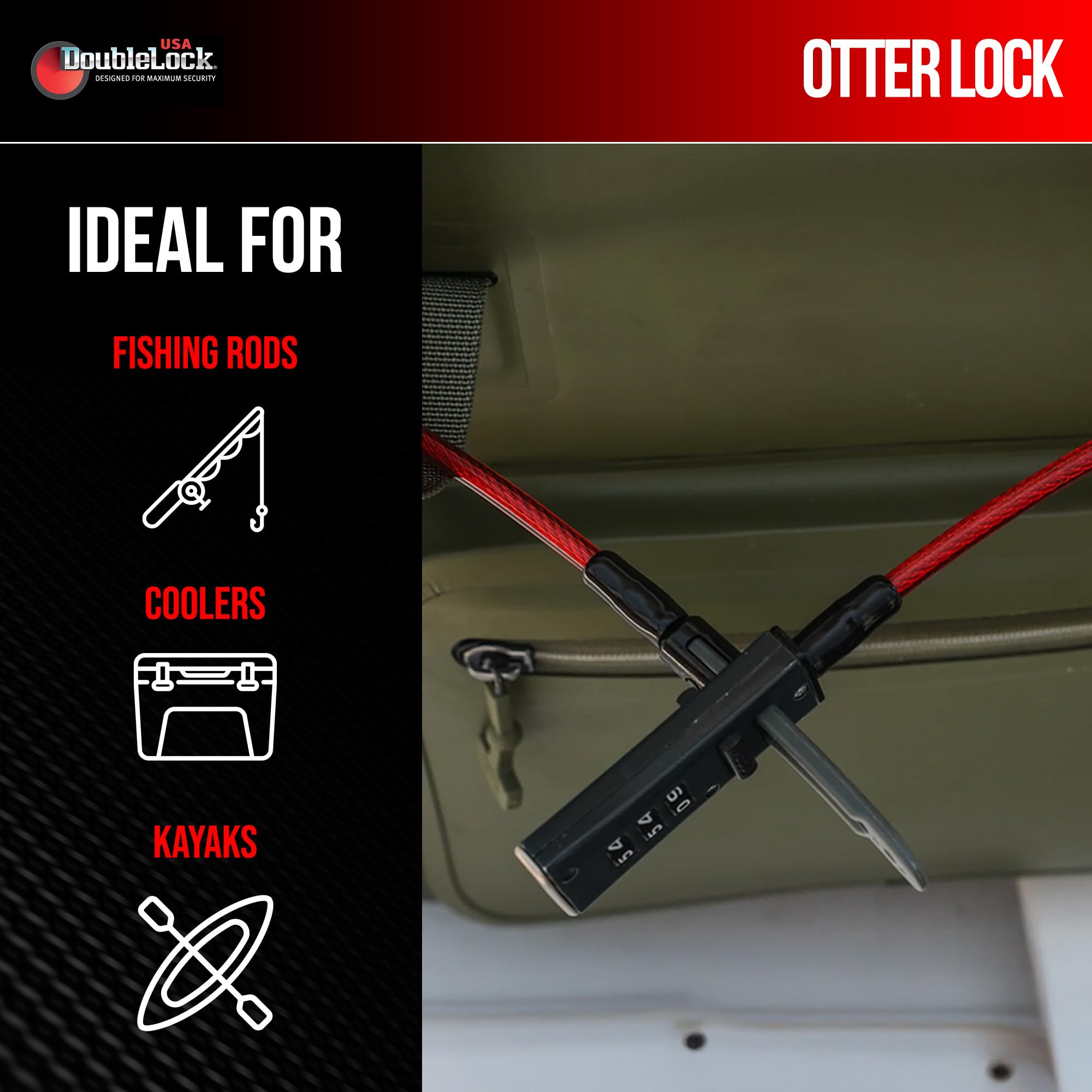 DoubleLock Otter Zintegrowany zamek szyfrowy – 3 m, odporny na warunki atmosferyczne, stalowy kabel, bezkluczykowy, resetowalny zamek do sprzętu outdoorowego, rowerów, chłodnic, kajaków i sprzętu