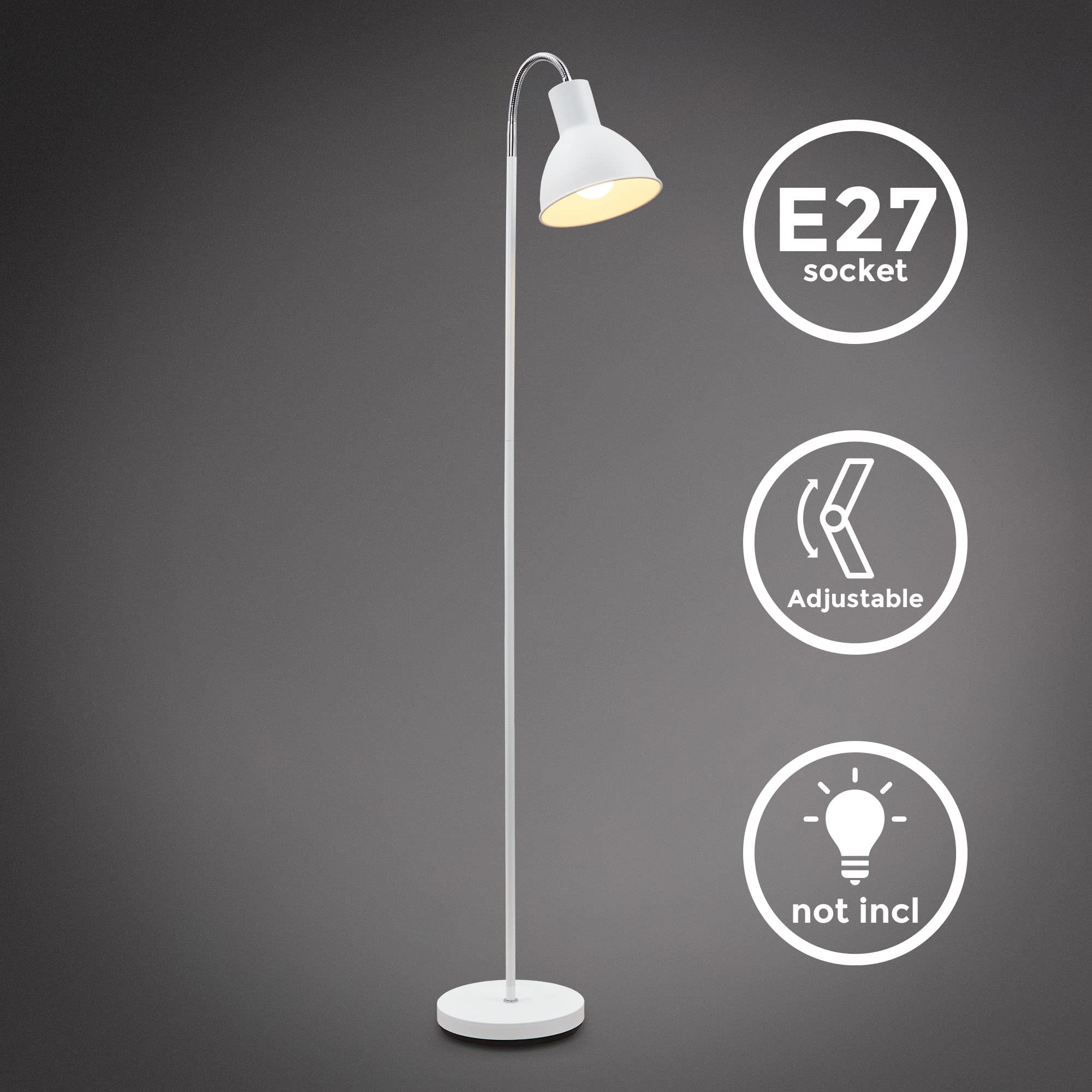 B.K.Licht Lampada da terra salotto, Piantana Lampada da Terra, orientabile, altezza 145cm, adatta per 1 lampadina E27, interruttore a pedale, Lampade da terra, Lampadario Soggiorno da Terra, bianca