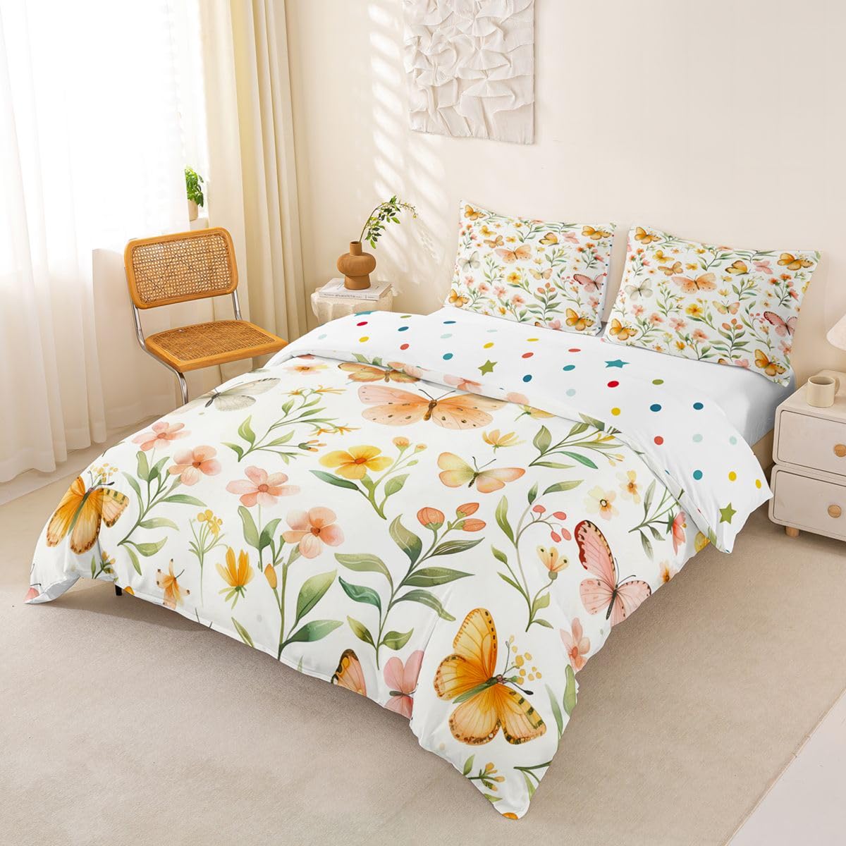 Homewish Akwarela żółty motyl podwójna poszewka na kołdrę botanicall zielone liście zestaw pościeli dla dzieci nastolatków dorosłych wiosna kwiatowy ogród poszewka na kołdrę wiejskie motyle zestawy