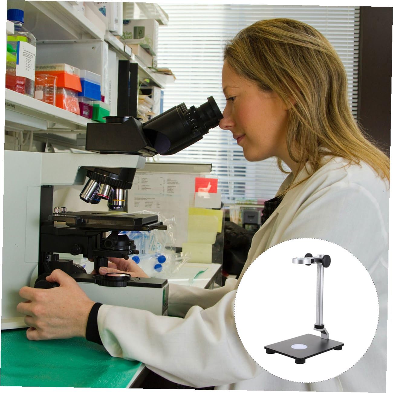 Lurrose Supporto Regolabile con Base Stabile in Acciaio per Microscopio da Tavolo e Sorgente Luminosa Integrata, per Microscopi e Fotocamere Industriali