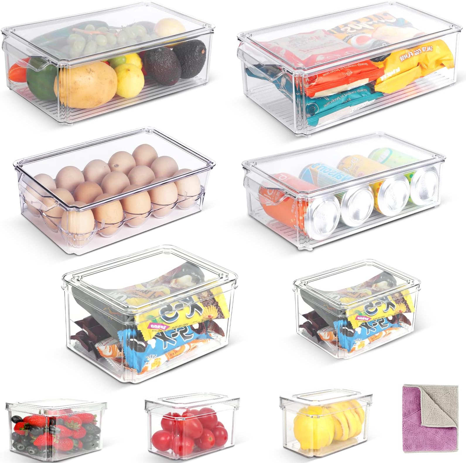 Midyb Fridge Organisers, Set of 9 Stackable Refrigerator Organizer Bins with Lids for Vegetable Fruit, Clear Fridge Storage Containers for Kitchen Freezer, BPA Free - Send 1 Cleaning Cloth