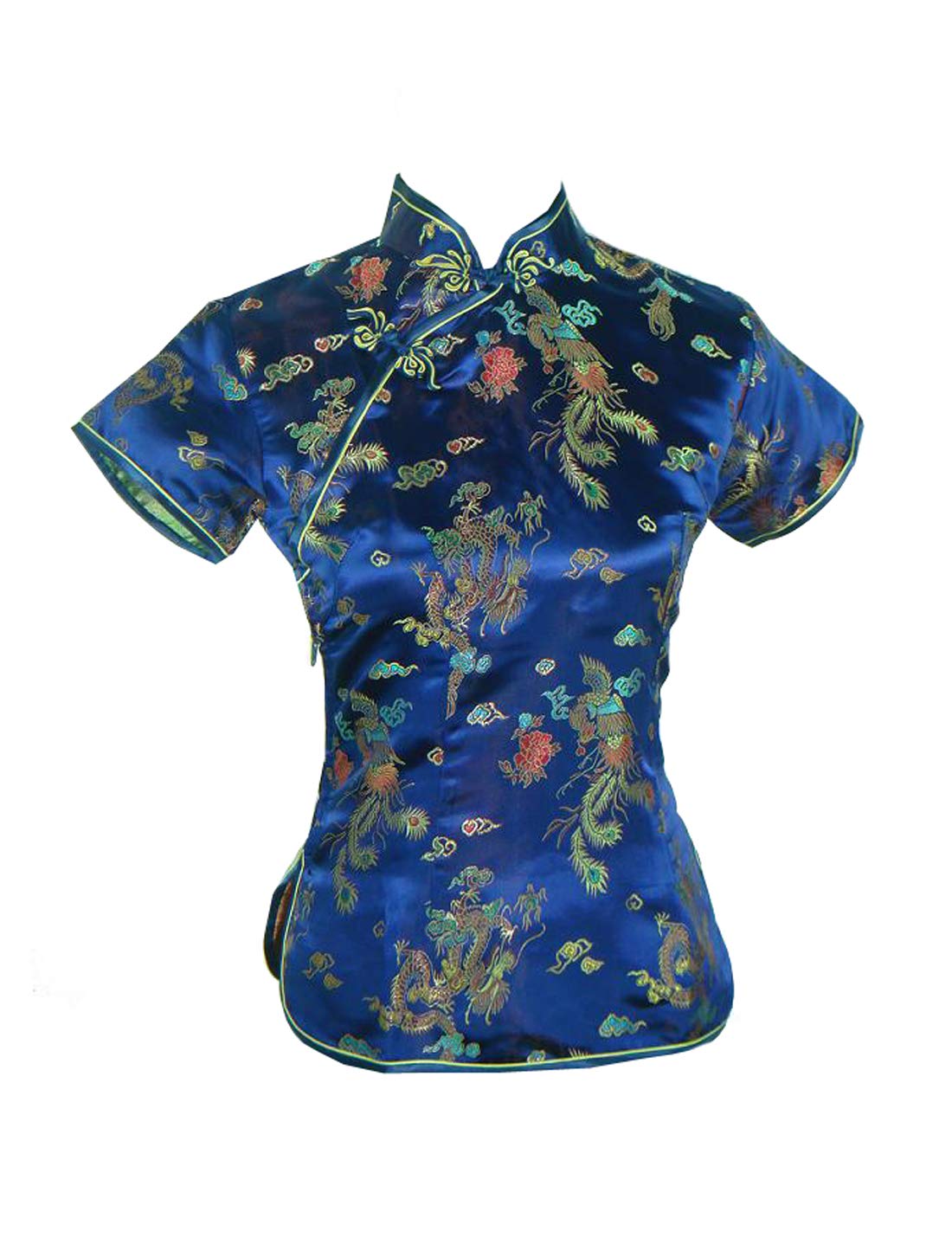 XueXian Women's Dragon Phoenix Satin Brocade Qipao Top Mandarin Collar Chinese Shirt Blouse Tang Suit (10, Blue)