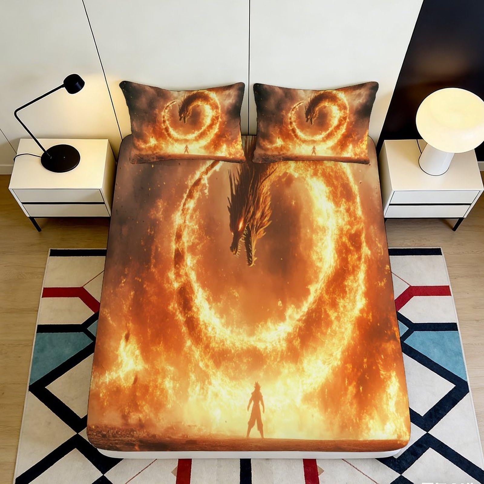 3D Printed Fire Dragon Fitted Sheet Microfiber Soft Orange Fantasy Mattress Cover for Bedroom Dorm Mattress Protection Decor 160x200x25cm