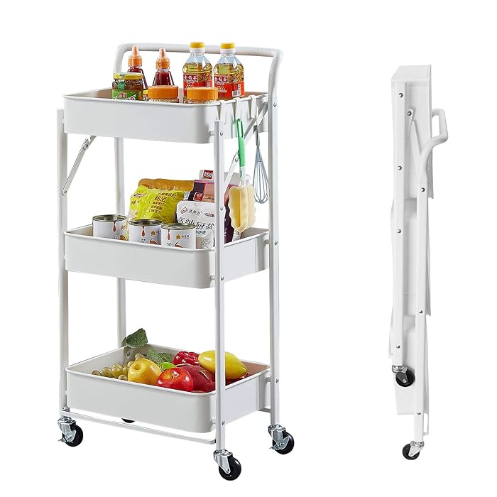 Buy Foldable Cart with Wheels Metal Rolling Cart with Handles 3 Tier