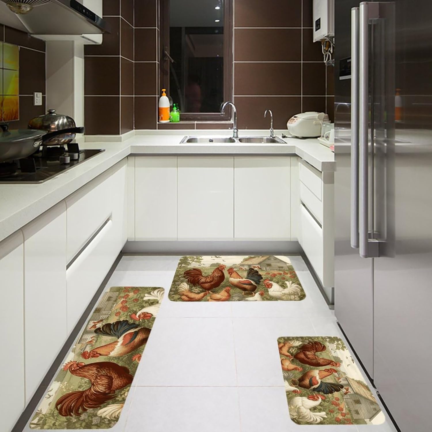 Chickens and Farm Kitchen Mats for Floor 3 Pcs Kitchen Rugs