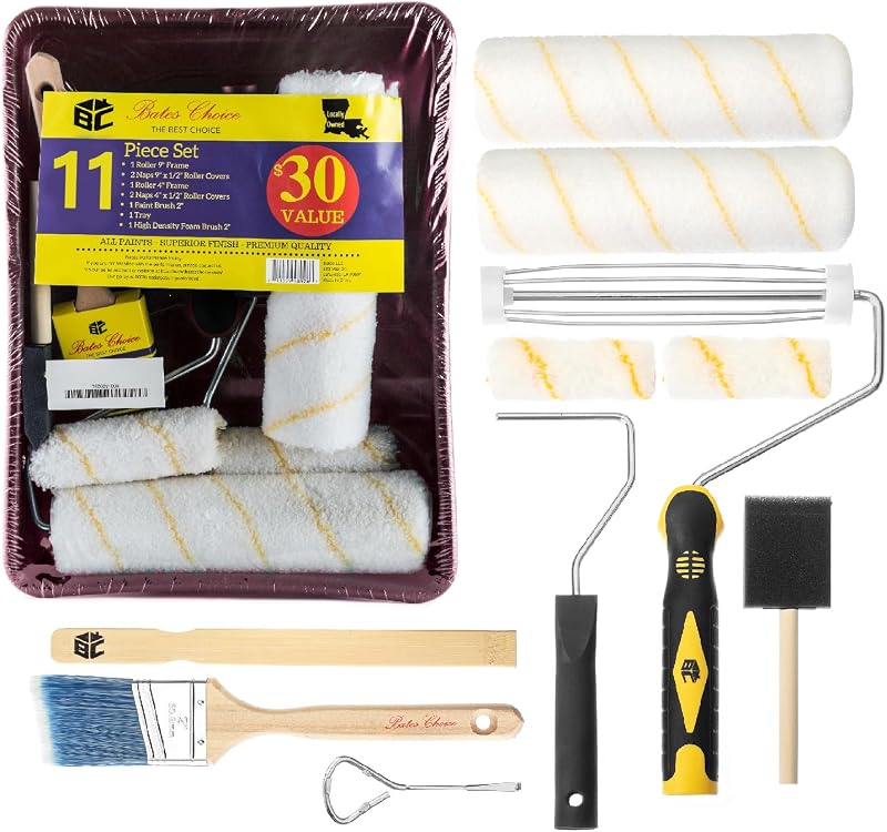 Bates- Paint Tray Set, Paint Roller Kit, 11 pcs, 9" & 4" Rollers, Small Paint Roller, Tray, 2" Angle Paintbrush, Foam Brush, Red Tray for House Painting Supplies