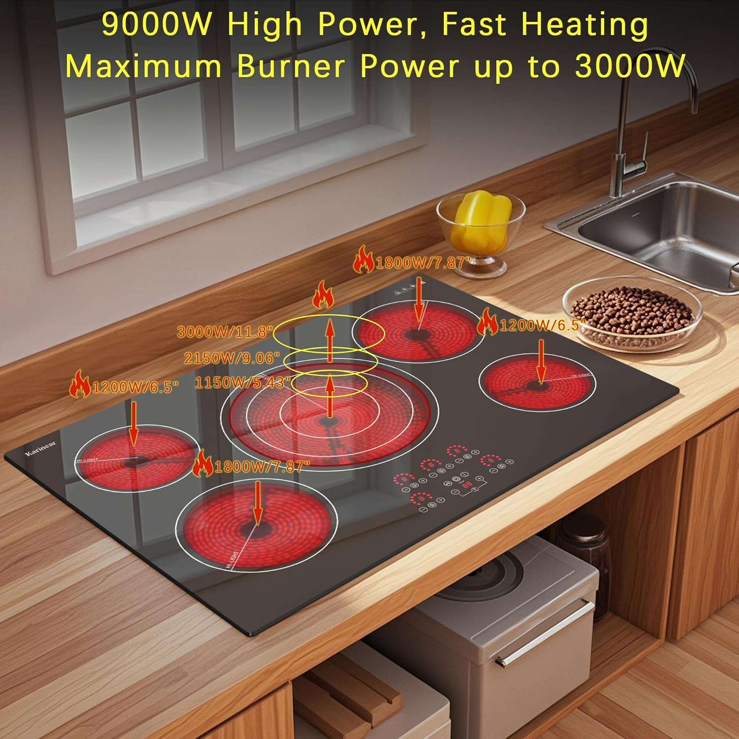 Karinear Glaskeramikkochfeld 5 Platten, 5 Herdplatten Kochfeld mit erweiterbarer Doppelzone, 8700W, 77CM Autarkes Kochfelder Keramik, Unabhängige Touch-Steuerung, Digitalanzeige, 40A, 240V